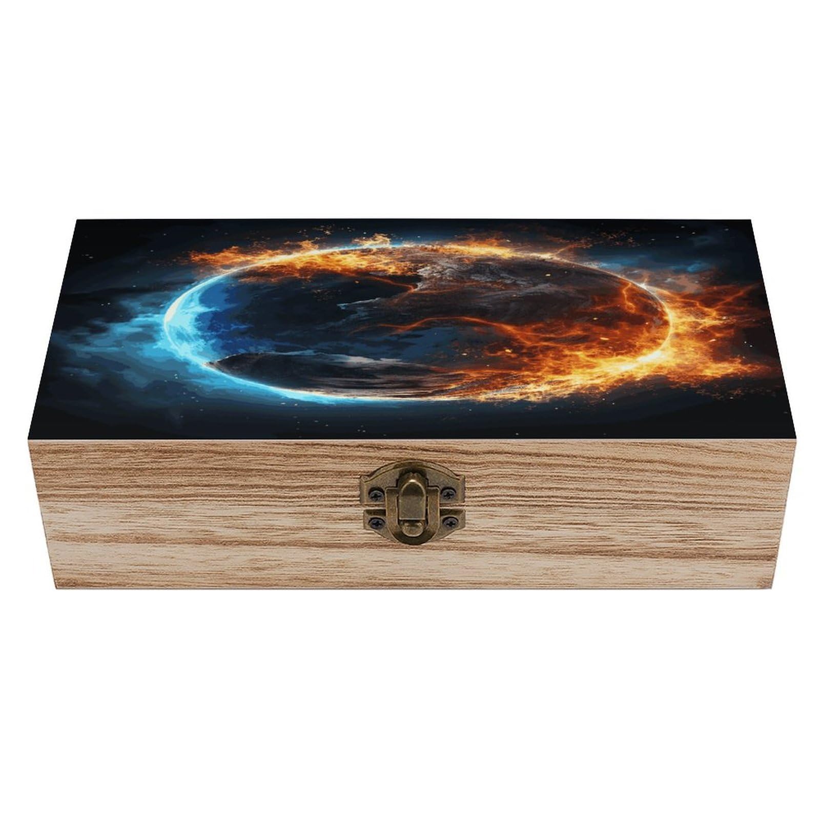 JTREHY Planet Ice And Fire Wooden Keepsake Box Vintage-Style Wood Keepsake Case with Hinged Lid Solid Wood Boxes Beautifully Memory Treasure Case Vintage-Style Wooden Storage Box