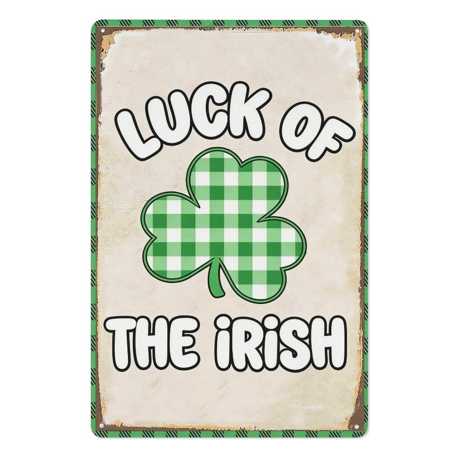 peiyeety Luck of the Irish Shamrock Metal Tin Sign 8x12 Inch, Vintage Green Plaid St Patrick's Day Pub Bar Wall Decor Plaque, Retro Irish Wall Art