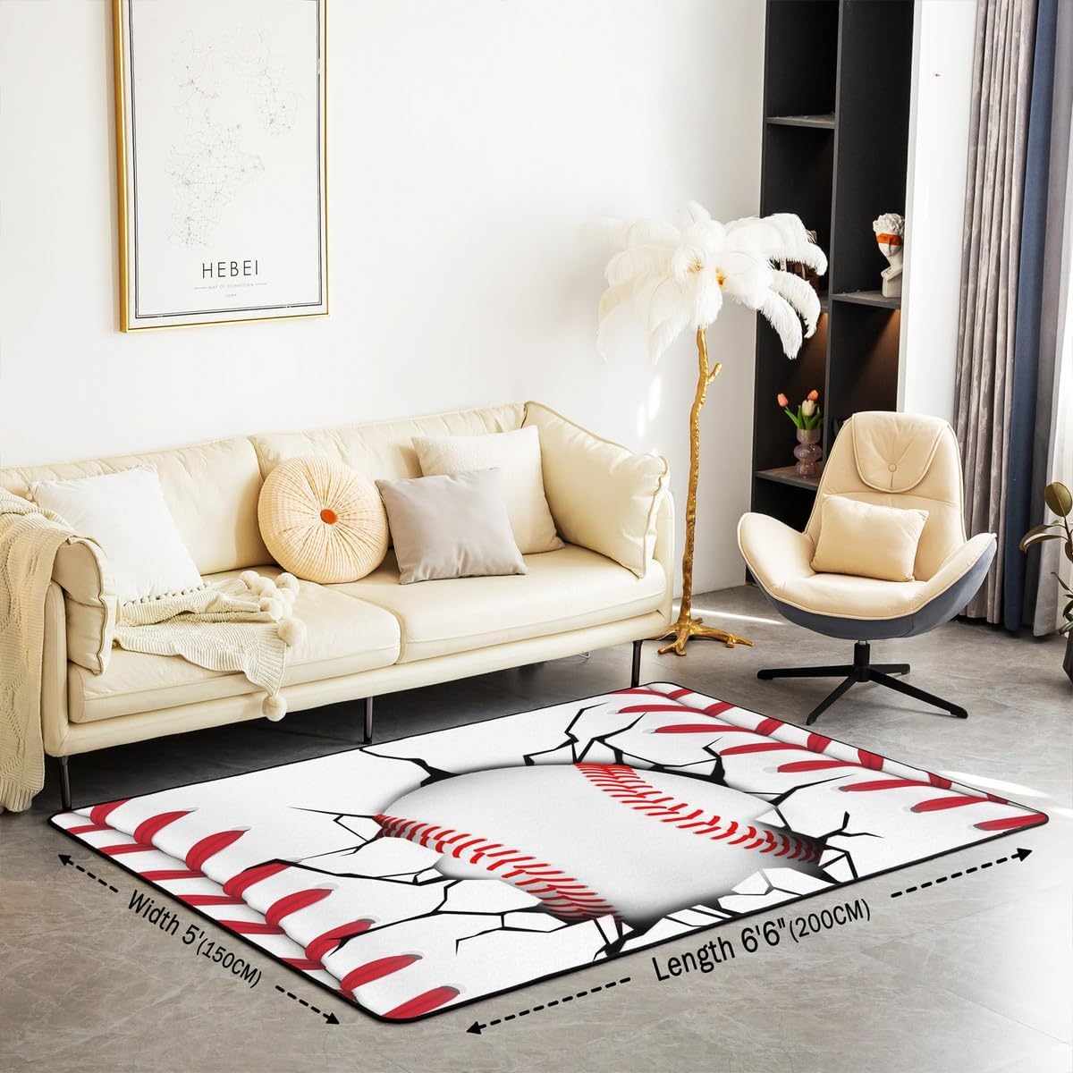 Erosebridal Baseball Area Rug 5x7, Ball Sports Rectangular Carpet for Living Room Bedroom, Vintage Laces Games Printed Kids Girls Washable Indoor Floor Mat, White Red Sports Theme Decorative Rug