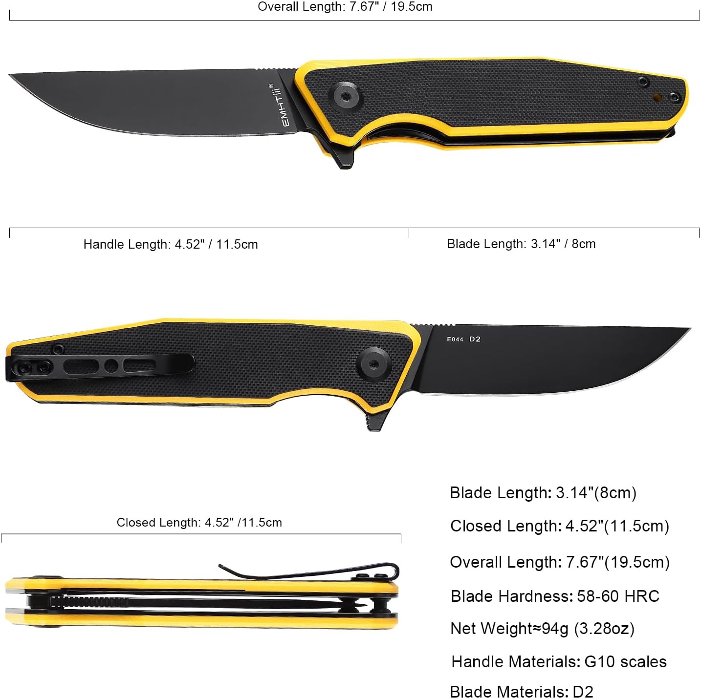 Flipper Folding Pocket Knife with D2 Steel Clip Point Black Blade, G10 Scales, Liner Lock, Reversible Clip, EDC Knives for Camping Hiking, E044, Black Yellow