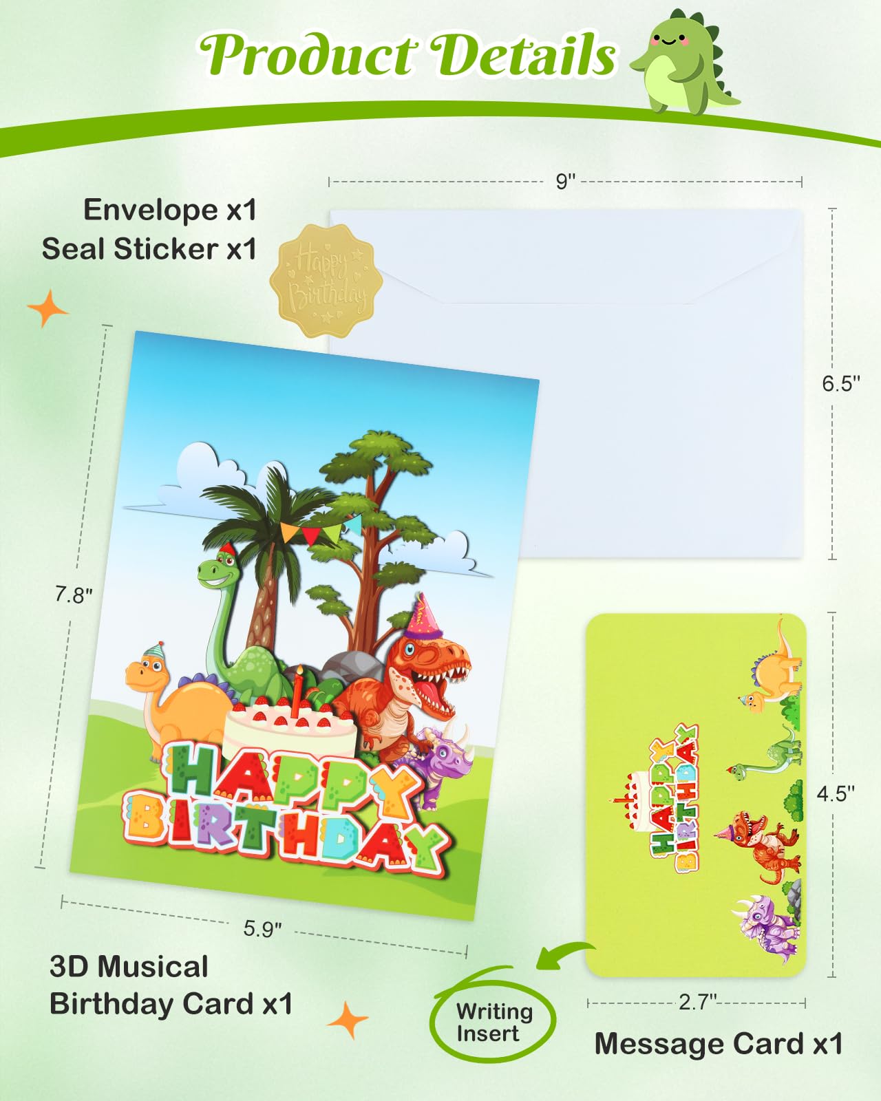 D4DREAM Cartes d'anniversaire musicales dinosaures pour enfants – Bougie soufflante musique et lumière 3D Pop Up Carte de vœux d'anniversaire avec enveloppe, insert vierge – Cadeau d'anniversaire sur