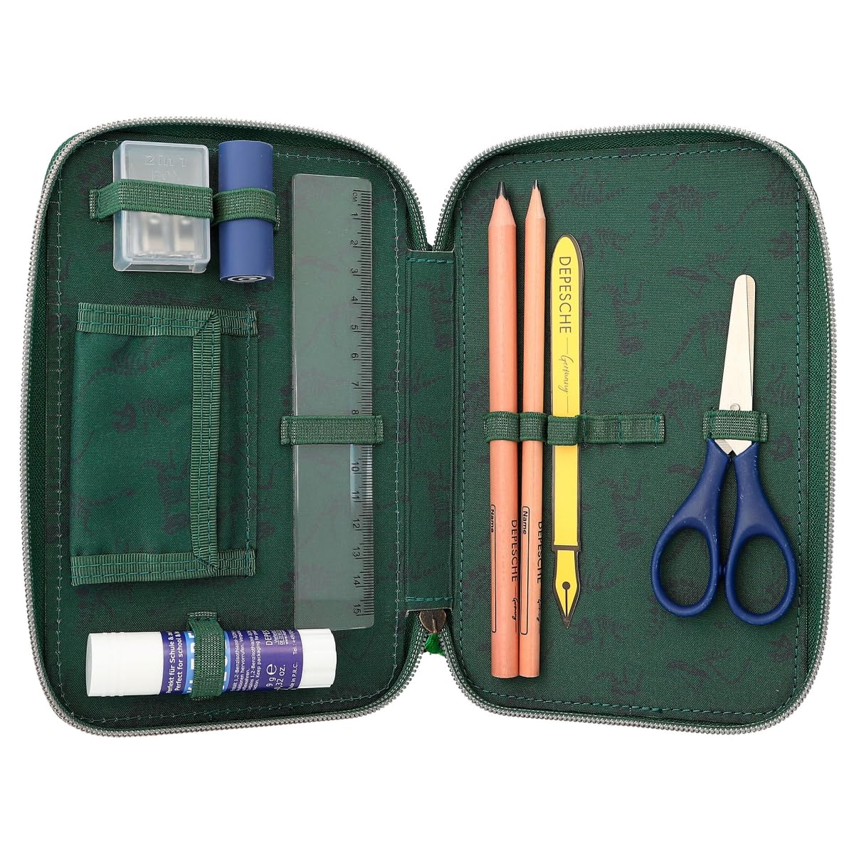 Depesche 12506 Dino World Filled 3-Compartment Pencil Case in Dinosaur Design with Chain, Pencil Case with Colouring Pencils - Image 3