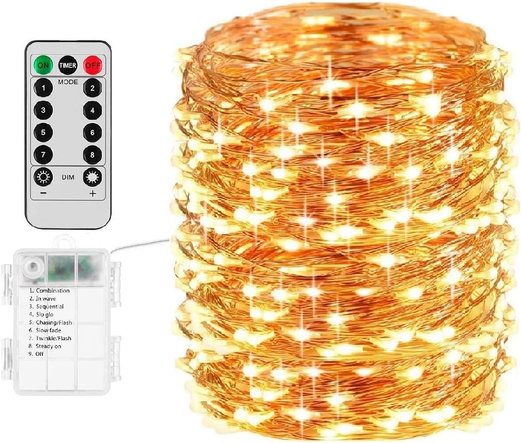 nircsom Fairy Lights Battery Christmas String Lights, 66Ft 200 LED Waterproof Remote Timer Control Copper Wire Lights, Fairy Lights Decoration String Lights for Patio Garden Yard Party Wedding