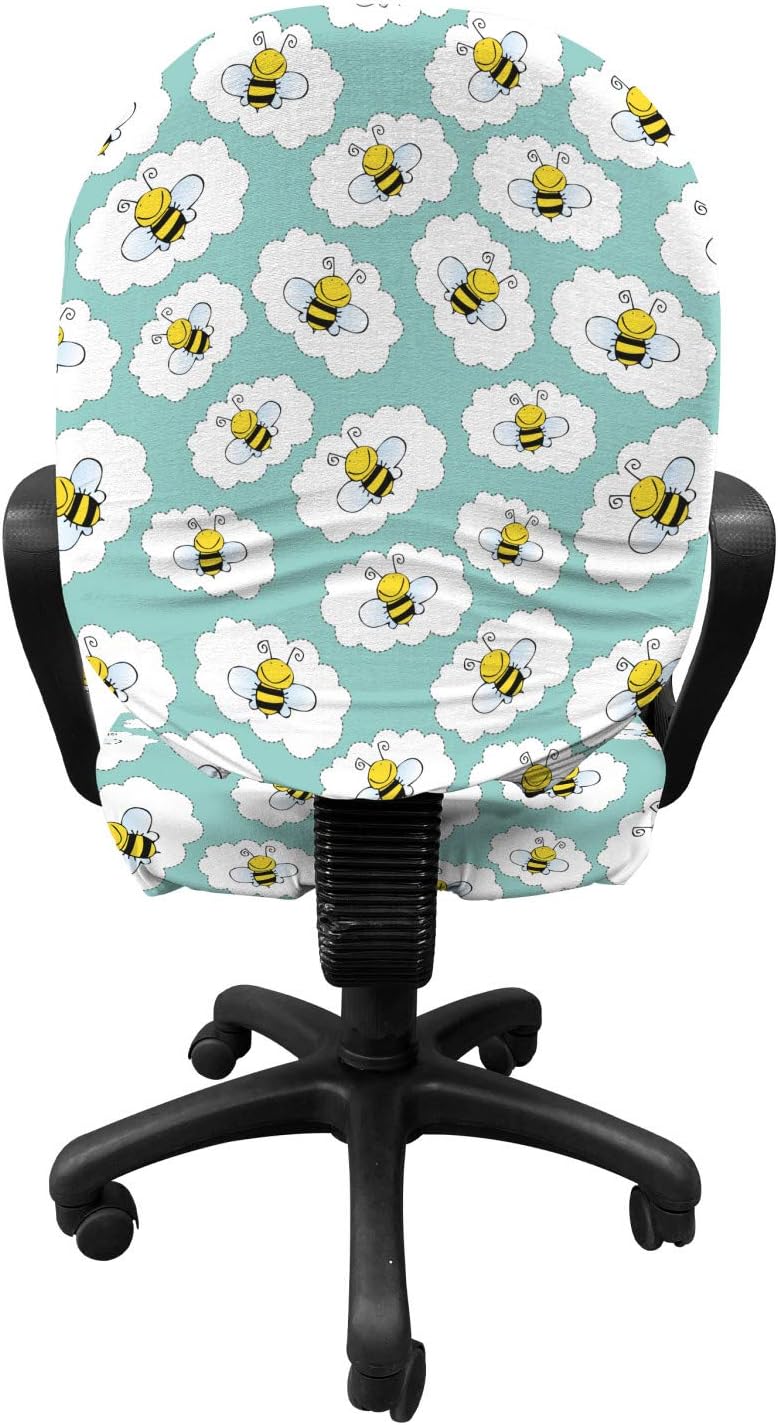 Ambesonne Bee Office Chair Slipcover, Rhythmic Flying Honeybees Wings in Clouds Illustration Pattern, Protective Stretch Decorative Fabric Cover, Seafoam Mustard