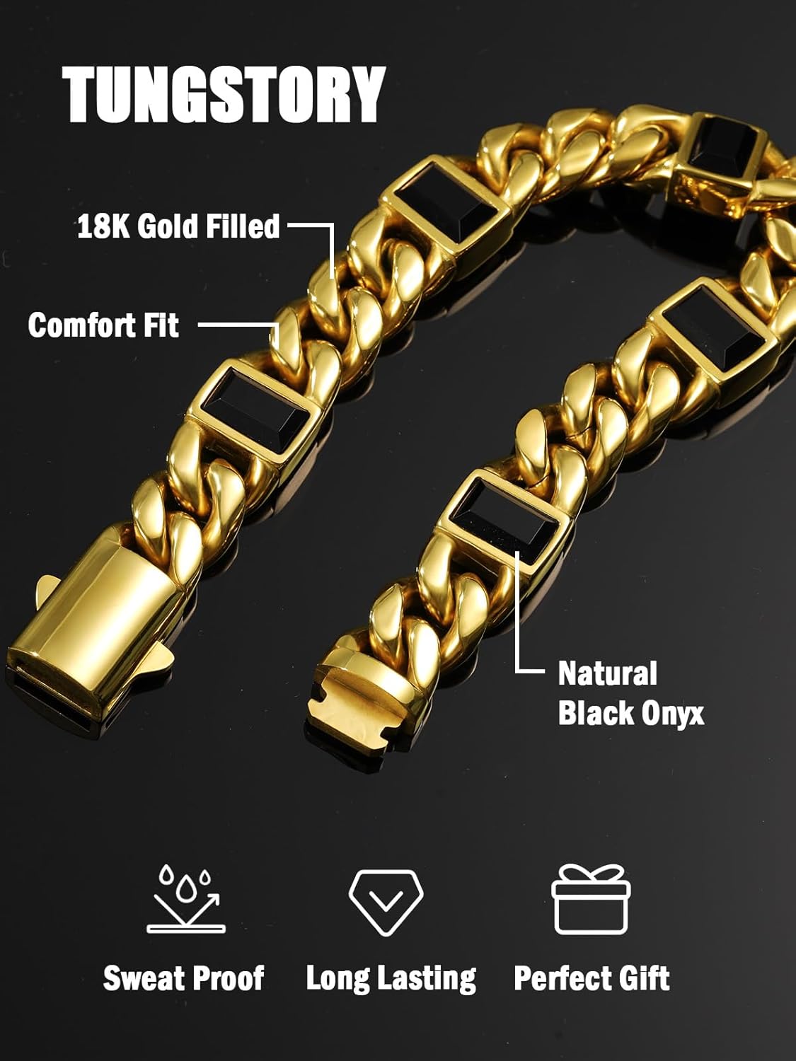 TUNGSTORY 18K Gold Filled Cuban Link Bracelet for Men, 8 Inches 12mm 316L Stainless Steel Black Onyx Mens Bracelets with Box Clasp, Waterproof, Non Tarnish Hip Hop Punk Rock Jewelry Gift for Him - Image 4