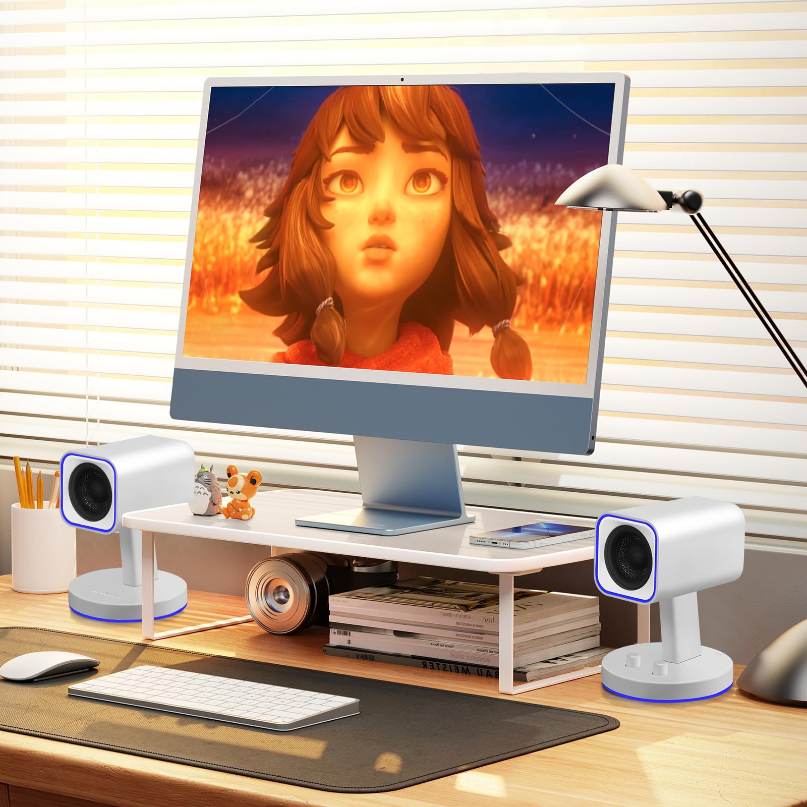 Sanyun SW202 Casse PC 2.0 24 W, Stereo Chiaro DSP, 3 Modalità | Gaming/Film/Musica, DAC 16 bit, USB/Bluetooth 5.2/AUX, Altoparlanti Full-Range 5,7 cm, RGB, Design Compatto (Coppia, Bianco)