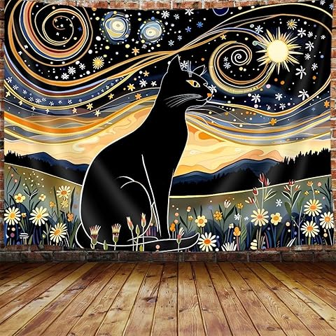 Black Cat Tapestry Aesthetic, Cool Funny Cat Starry Night Abstract Art Design Tapes...