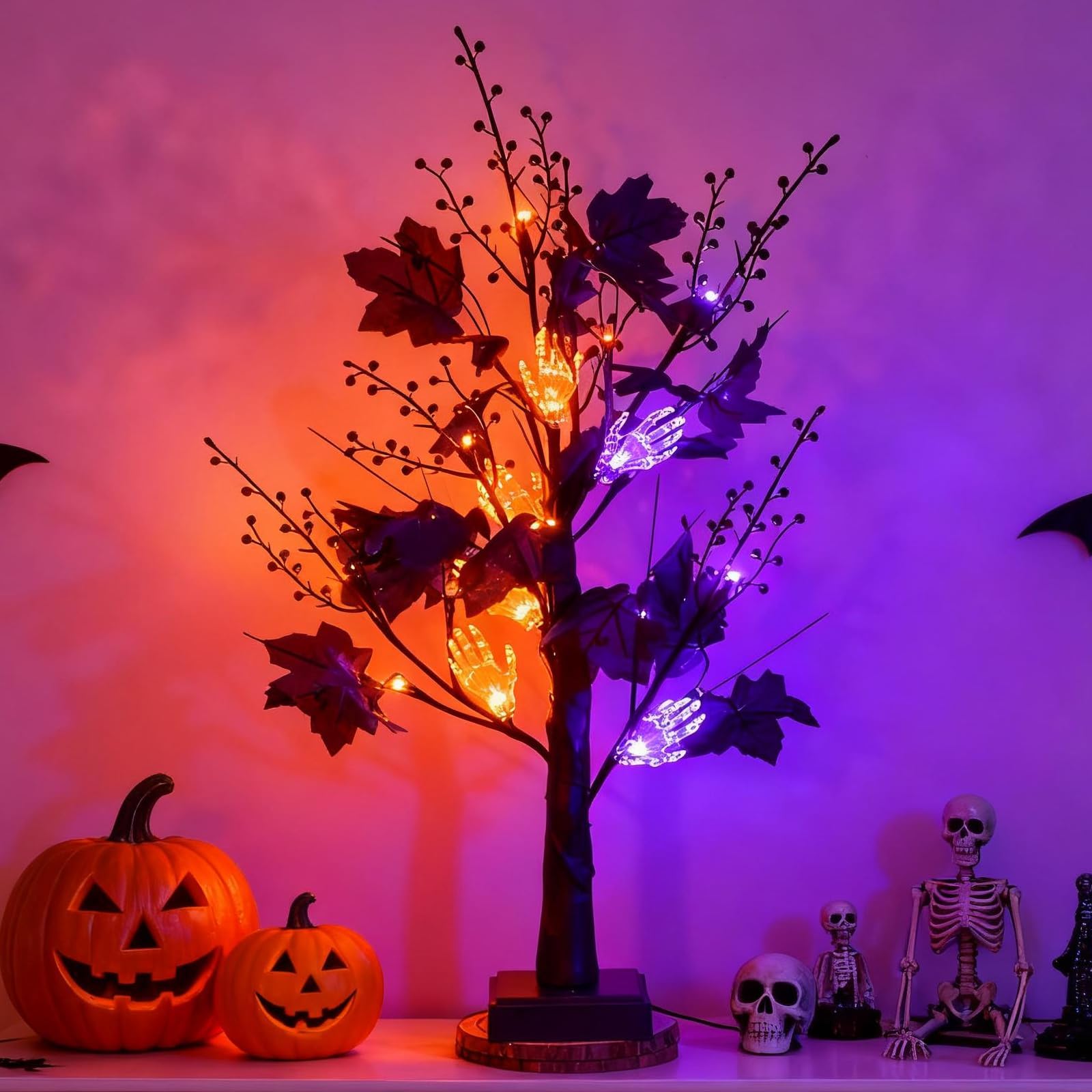 Sapin d'Halloween avec lumières LED à piles sans fil encombrant