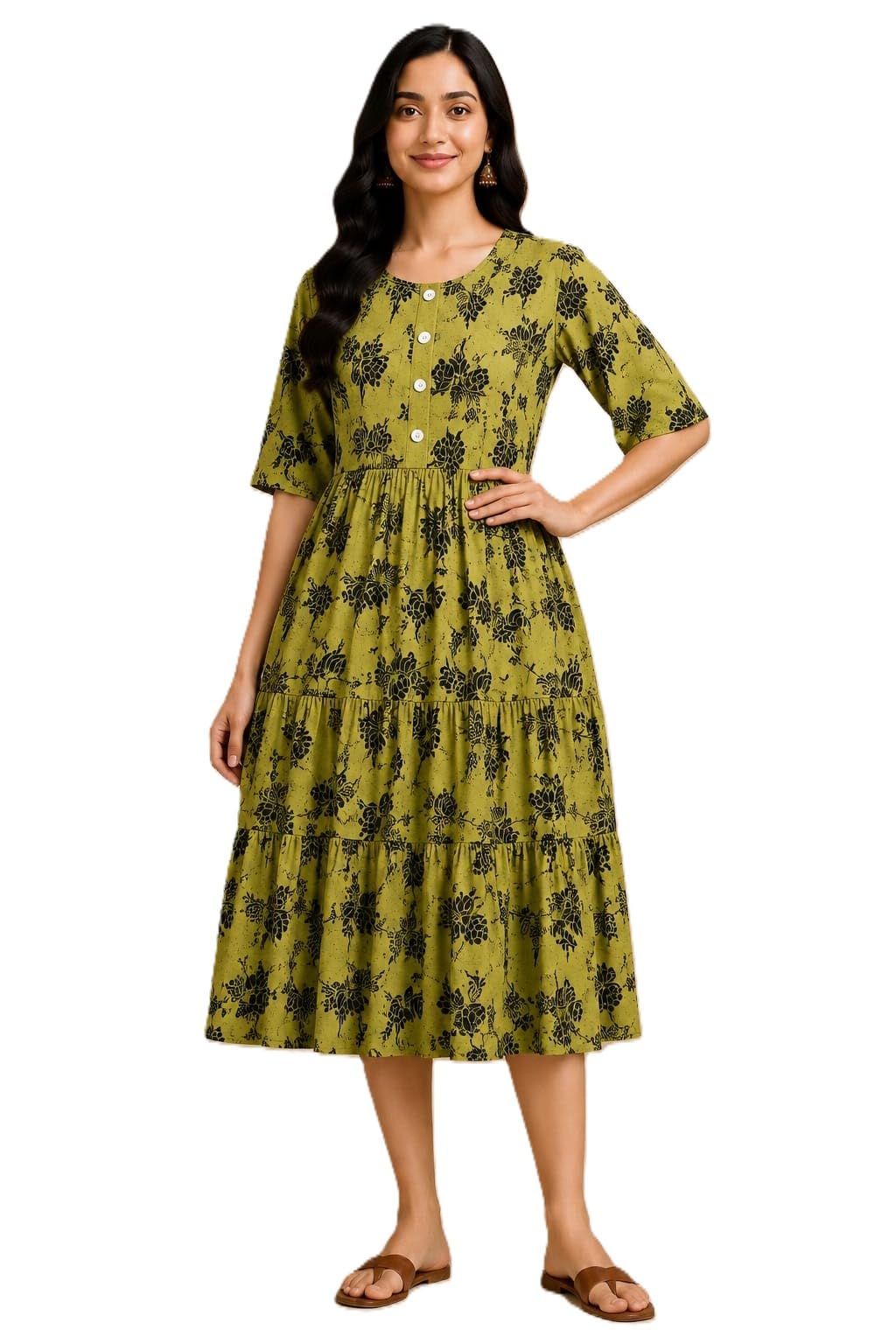Women's Rayon A-Line Midi Dress, Floral Print, Short Sleeves, Tiered Design, Round Neck, for Summer Wear-picture-24