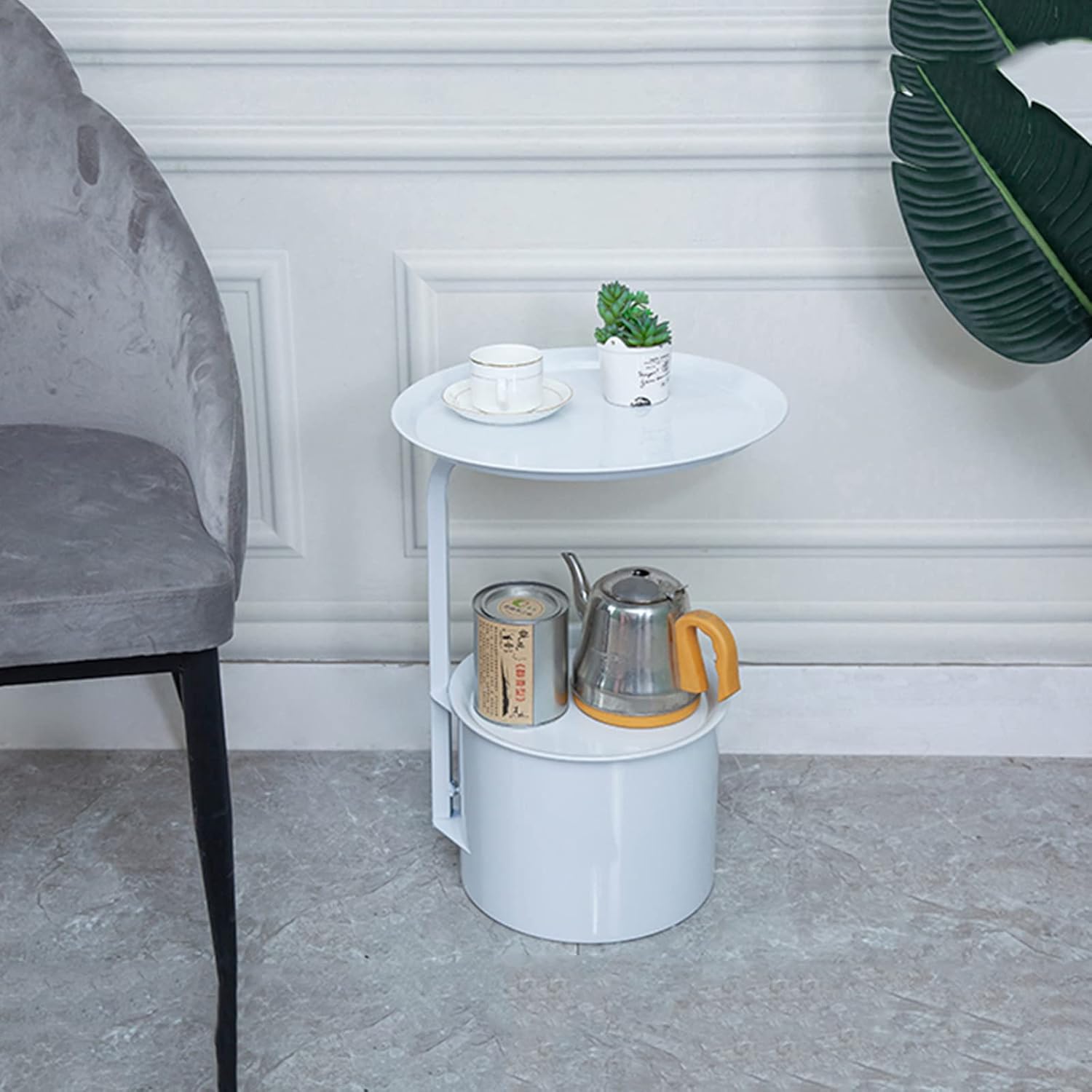Side Table/End Table, Wall Table Couch Table with 2-Tier Storage Shelf Modern Night Stand Round Storage Small Yellow