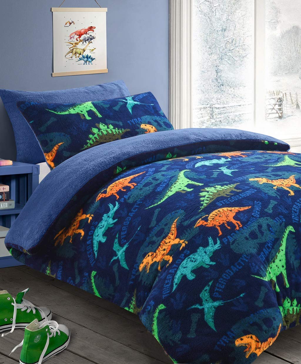 HOMES-LINEN Teddy Fleece Kids Dinosaur Duvet Cover & Pillowcase Bedding Set (Single)