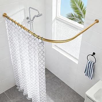 Shower Curtain Rail for Bathtubs, L-Shaped Shower Curtain Pole in three varations 68x98cm / 68x98 cm, Wall Mounted Shower Pole, Curved Shower Rail, Black Powder Coated Steel-GOLD