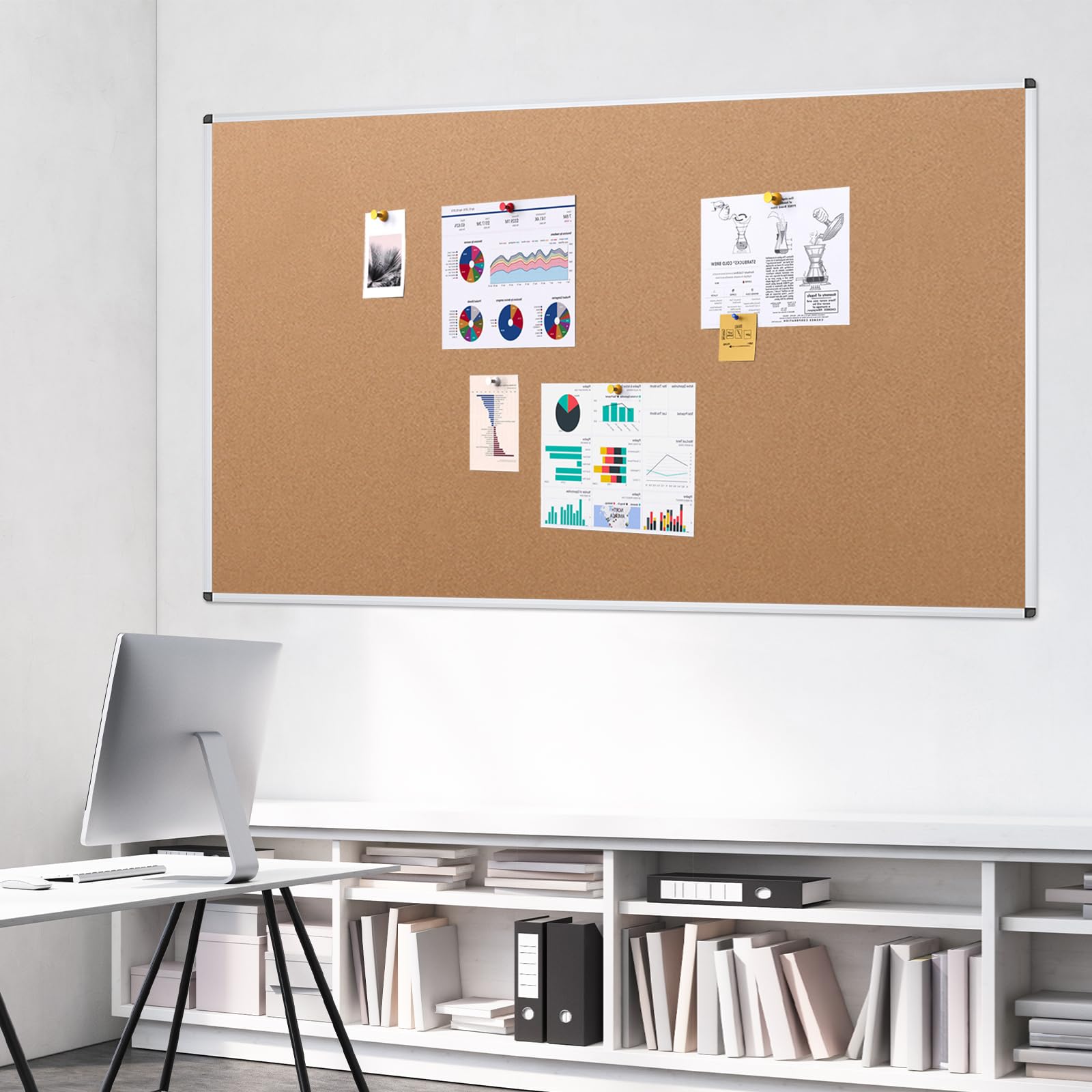 VIZ-PRO Duża Tablica Korkowa, 150 x 90 cm, Tablica Korkowa do Montażu na Ścianie z Srebrną Aluminiową Ramą, do Szkoły, Biura i Domu