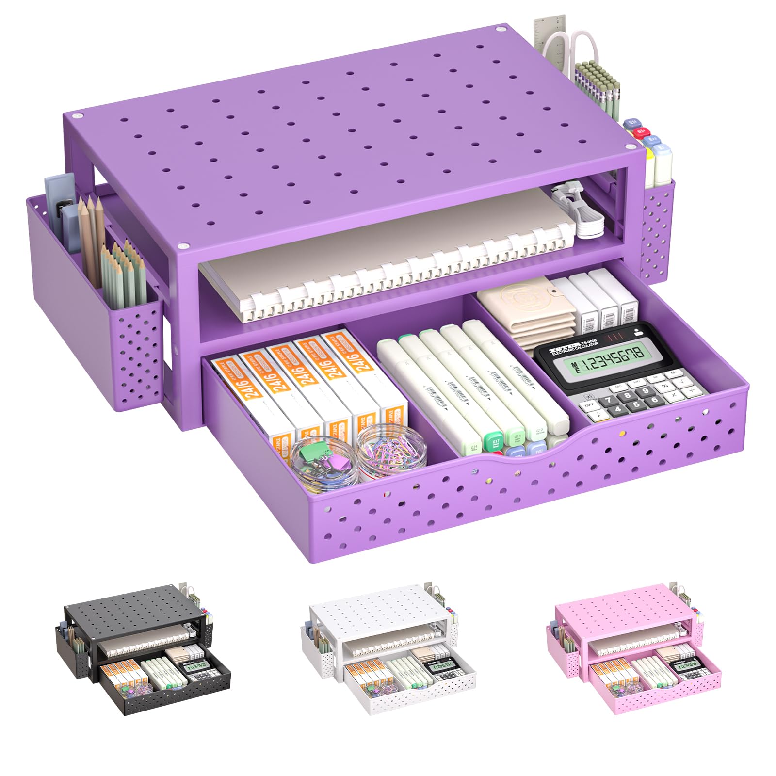 WALI Desk Organizer with Drawer and Pen Holder, 3 Tier Computer Monitor Stand for Home Office Supplies, Laptop Stand Riser for Computer, Laptop, Printer(PTT004-V), 1 Pack, Purple