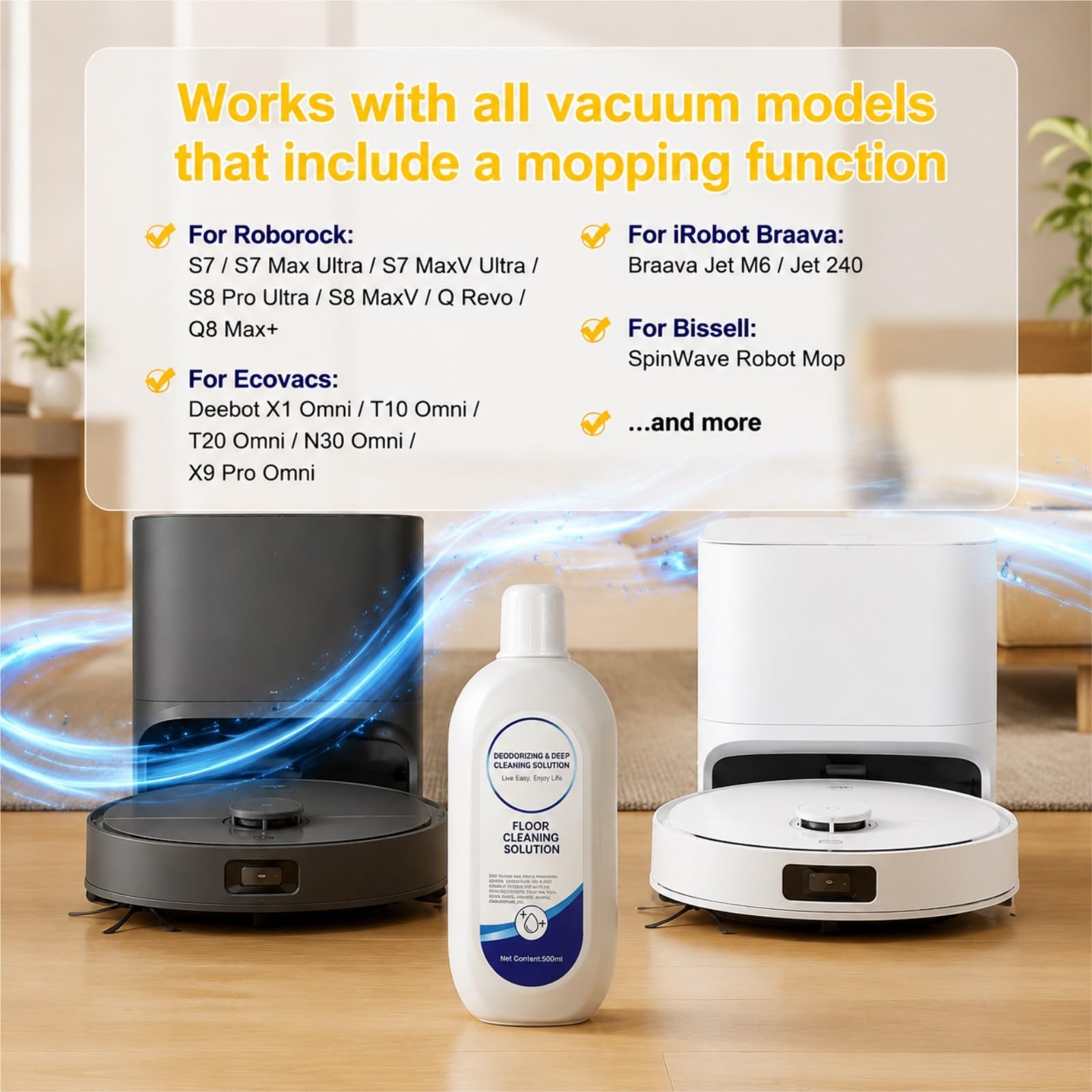 Limpiador for Pisos Duros, 500ML X 5, Desodorizante Profundo, Fórmula Baja Espuma, Compatible con Tineco Robot Trapeador/Aspiradora Seco Mojado
