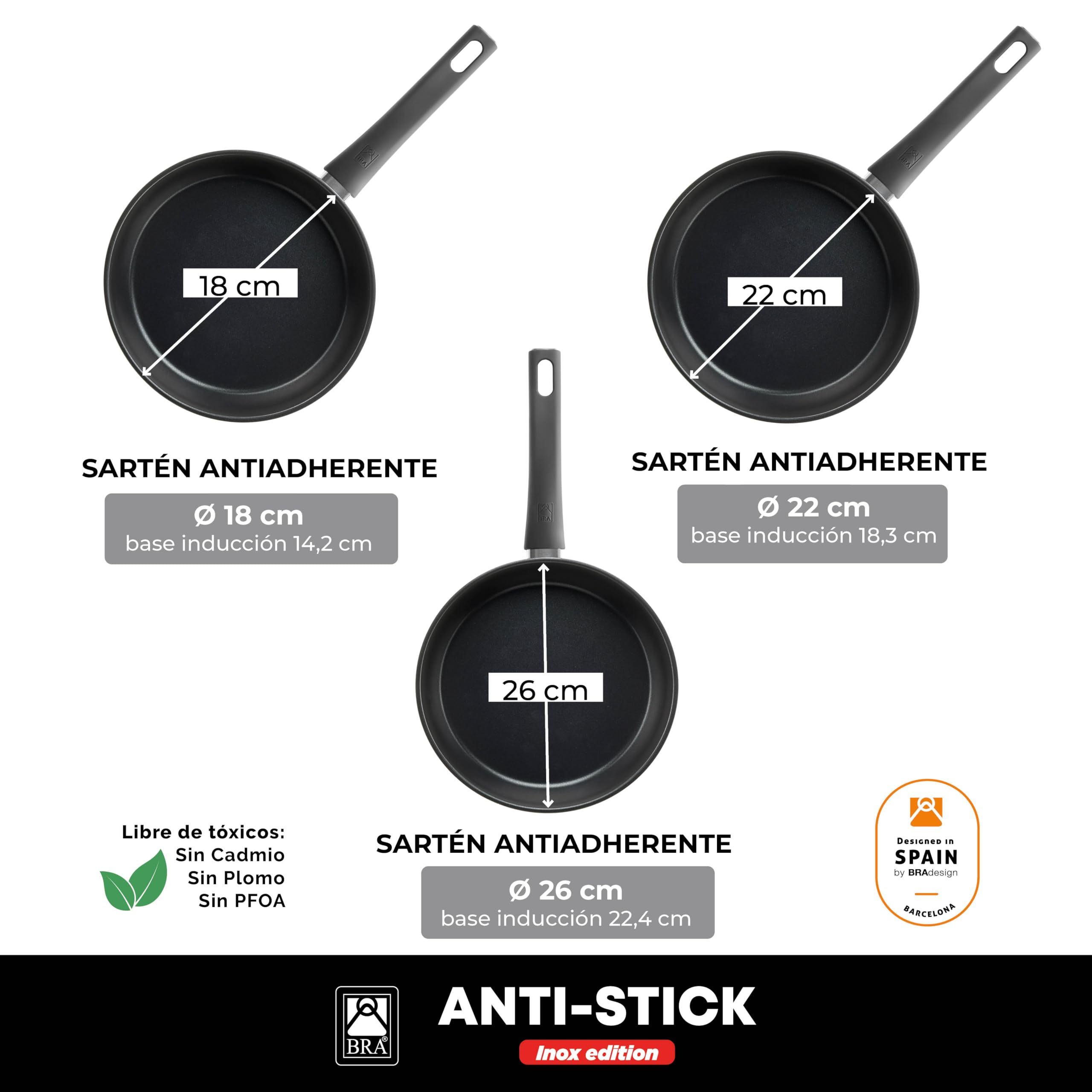 BRA Antistick Inox | Set 3 sartenes 18/22/26 cm, aluminio forjado reciclado con antiadherente de titanio y superficie MetalTec, aptas para todo tipo de cocinas, incluida inducción