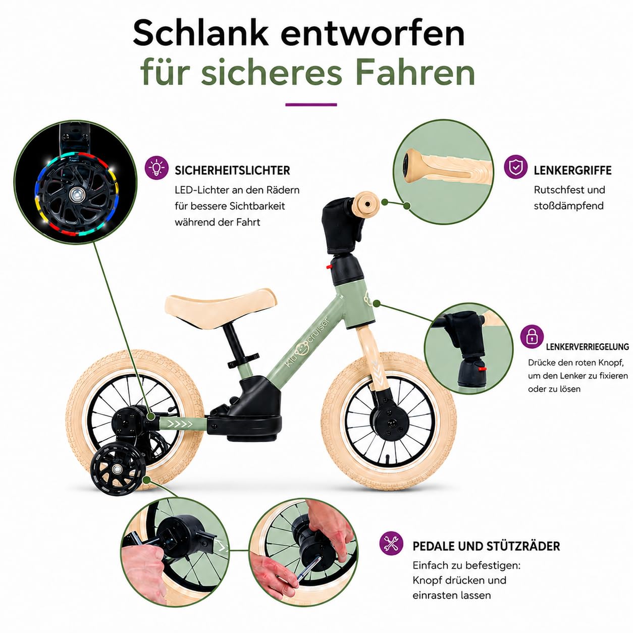 Kidcruiser Pedalplay laufrad ab 2 Jahre, ideal zum Radfahren Lernen, 3‑in‑1 mit LED Stützrädern & Pedalen, besonders robustem Modulrahmen