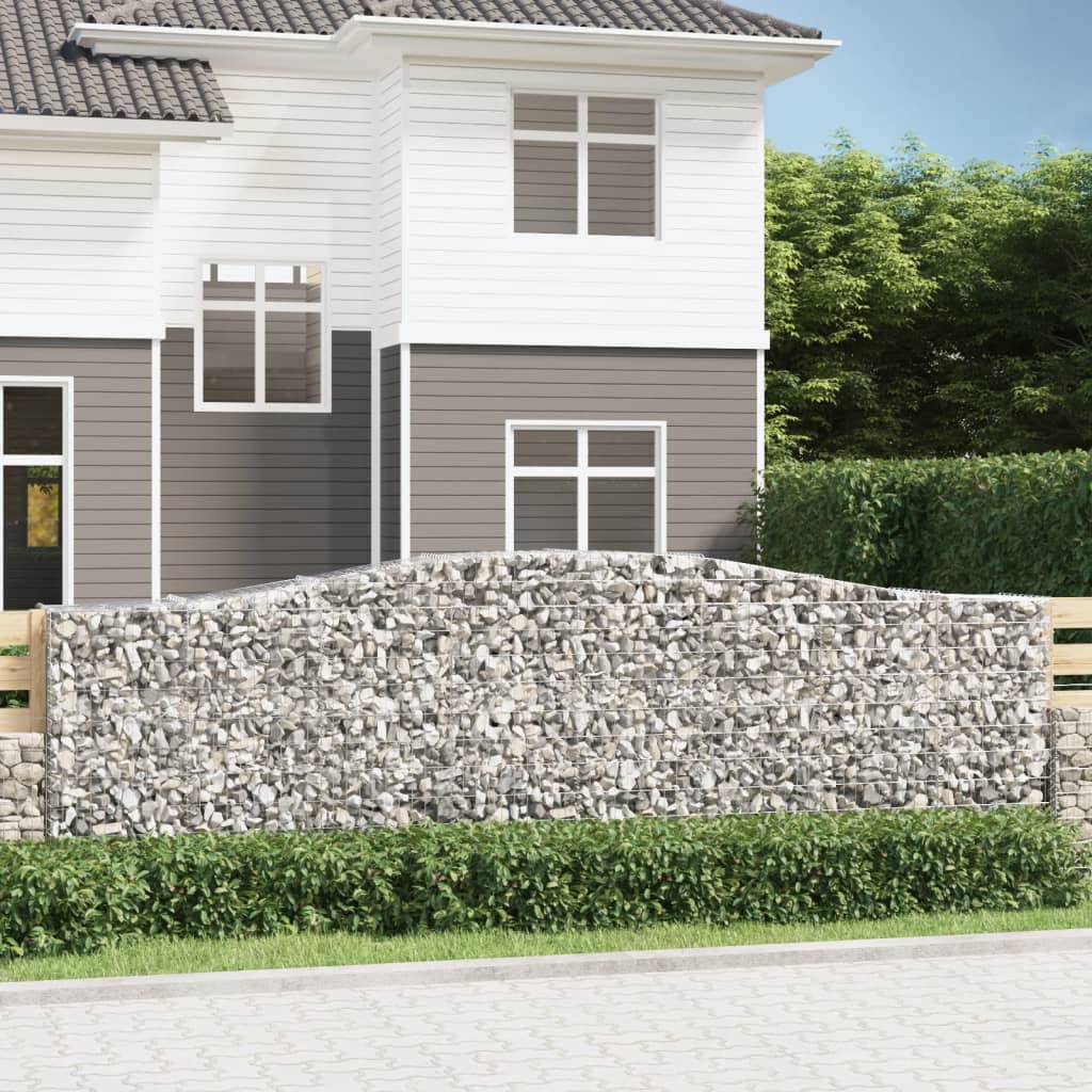 Gaviones con arco alto, 25 unidades, 400 x 50 x 120/140 cm, color plateado | Resistente muro de piedra para protección visual y protección contra el viento para patio delantero, terraza y exterior.