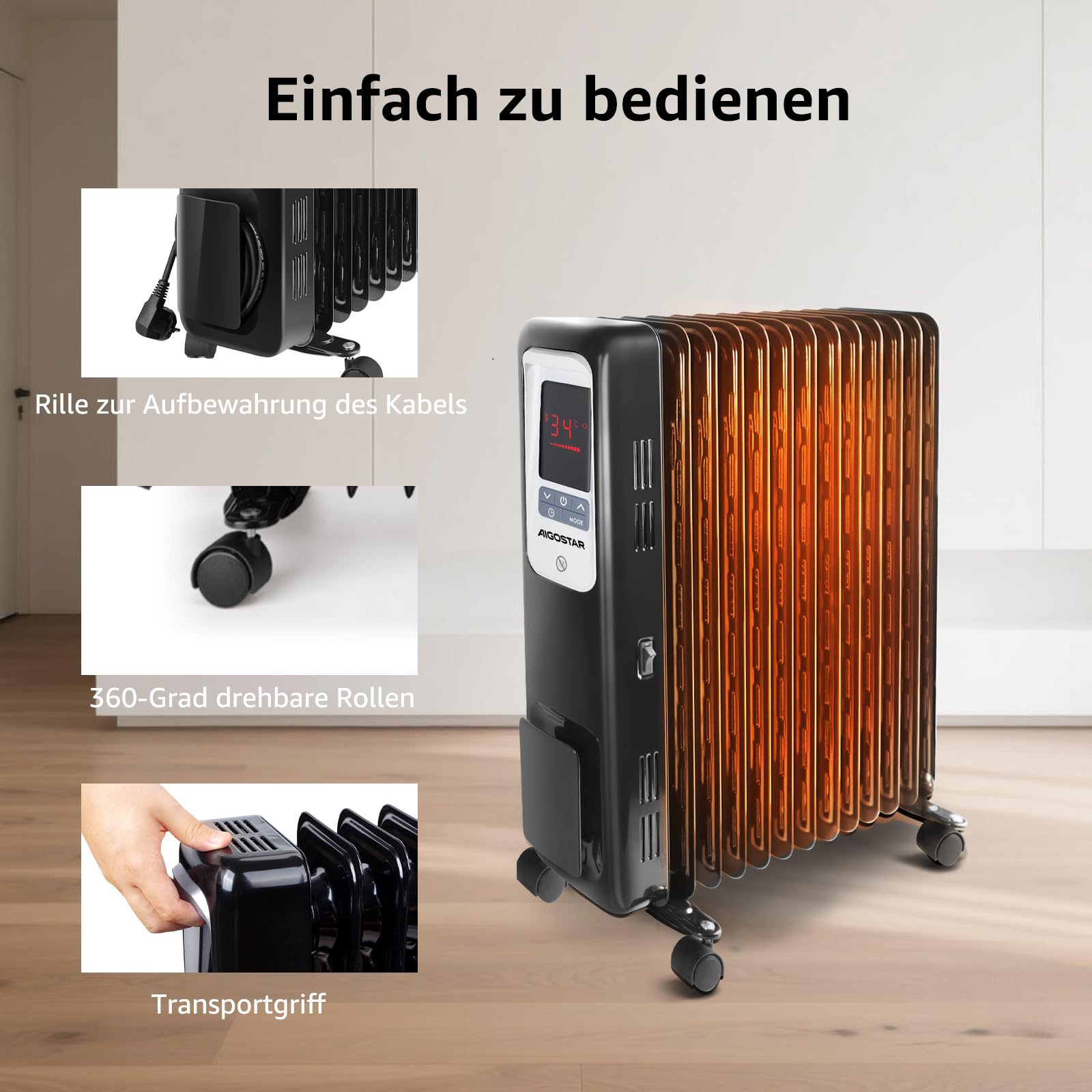 Aigostar Oil Monster 33JHH - 2500W Ölradiator Energiesparender, LCD Elektro Heizkörper mit 13 Rippen,4 Heizstufen,Thermostat, Fernbedienung,Überhitzungsschutz, Elektroradiator Elektro Heizung