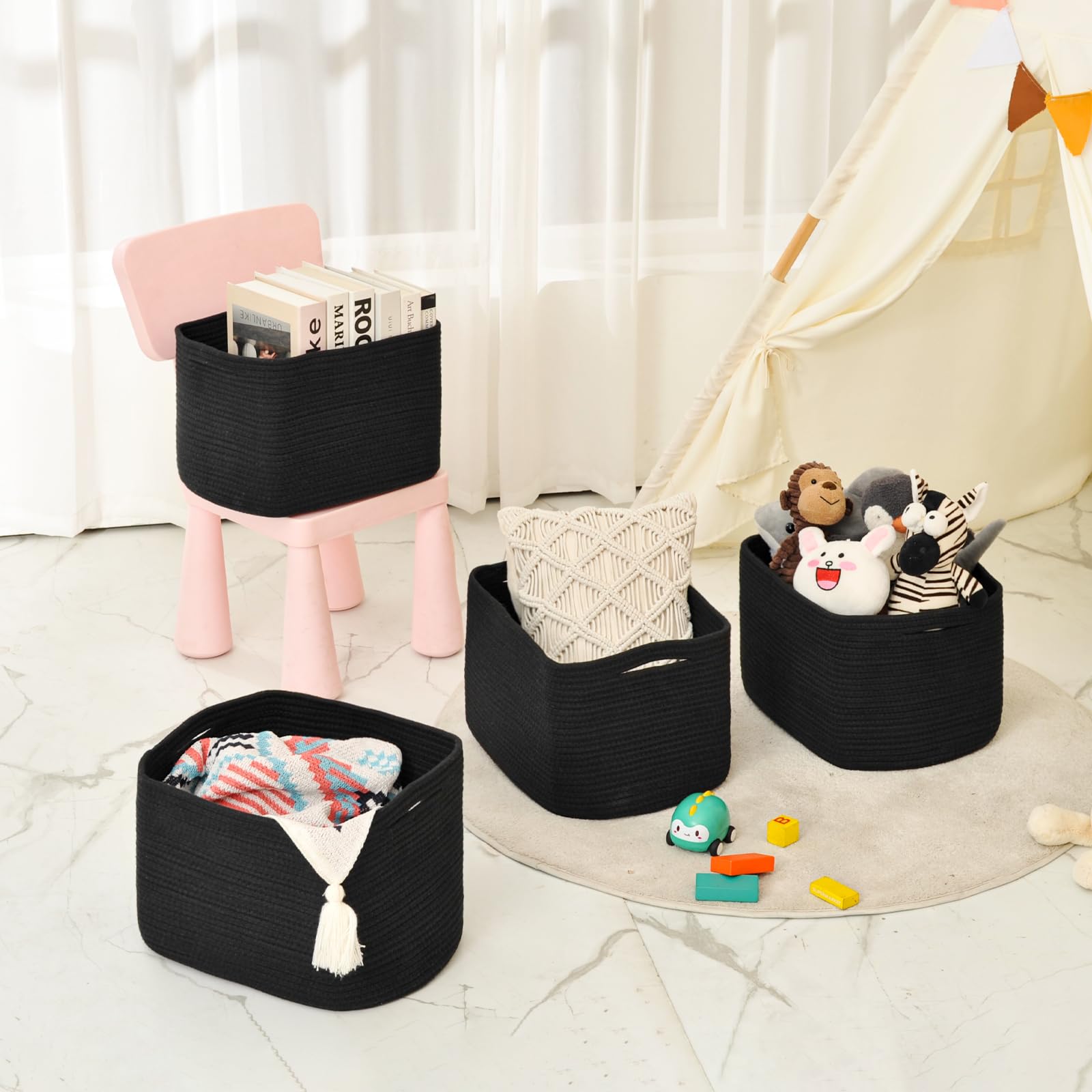 ICERZCZ Aufbewahrungskörbe für Organisation und Regale, gewebtes Baumwollseil, Organisationsbehälter für Hundespielzeug, Kleidung, Bücher, Kinderzimmer, 38,1 x 27,9 x 24,9 cm (L x B x H), 4 Packungen