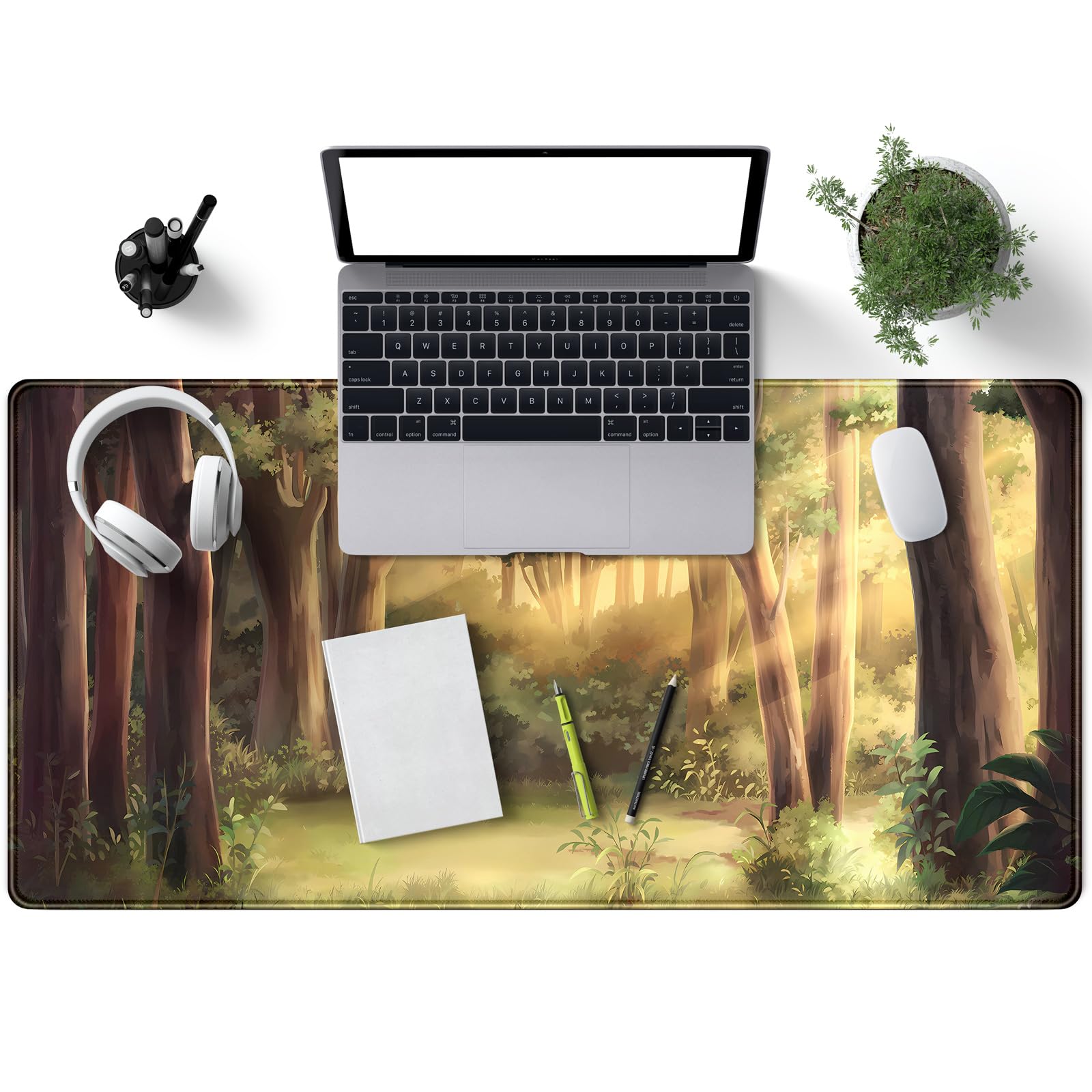 Dark Academia, Tappetino per mouse verde foresta XXL, tappetino da scrivania con fasi lunari dorate, grande tappetino per mouse per gaming, per tastiera e mouse, tappetino da scrivania, con base in