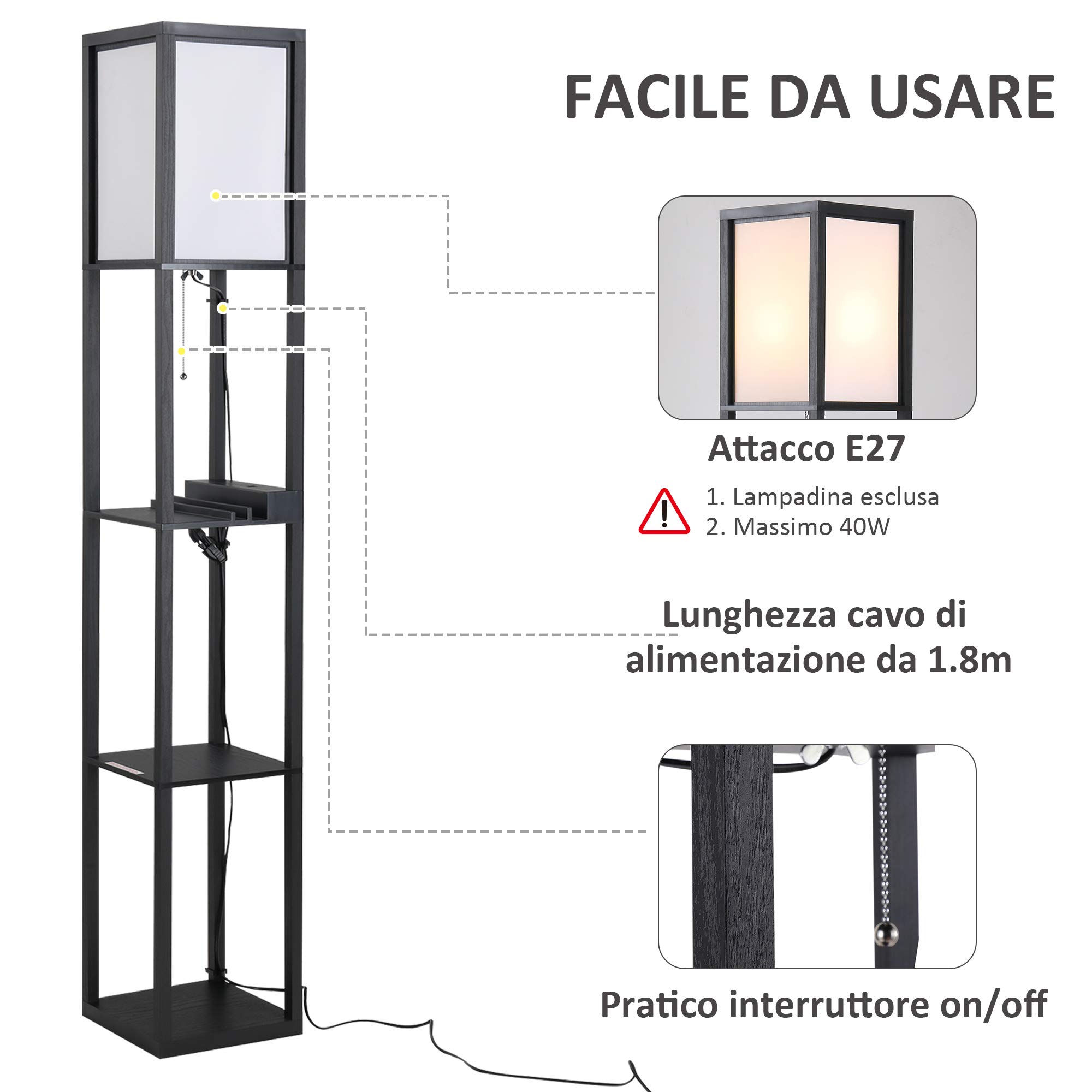 HOMCOM Lampada da Terra Moderna con Ripiani 26 x 26 x 160 cm Nero e Bianco | Lampadina, Illuminazione Interna Salvaspazio, da Soggiorno, Cotone, MDF