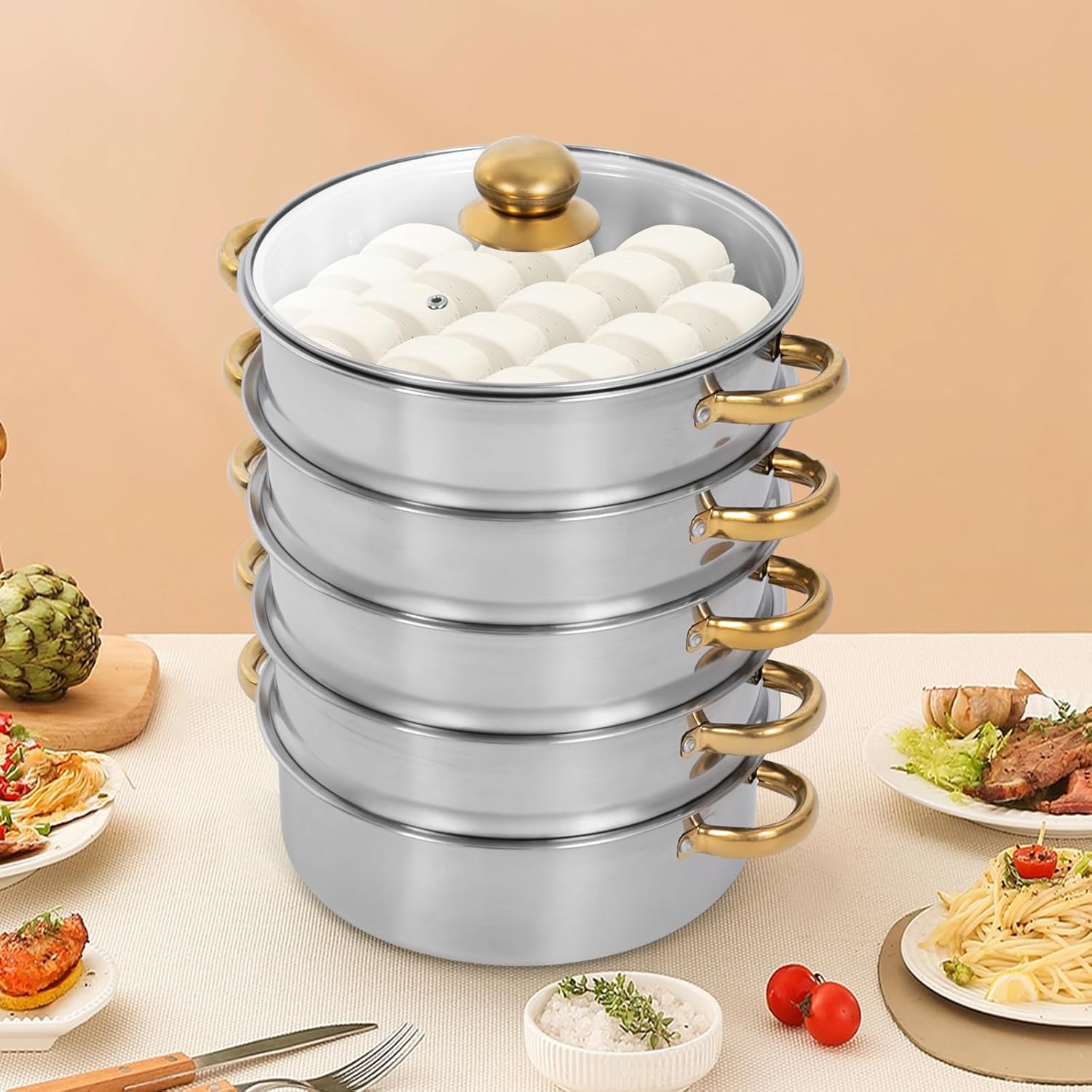 Dumpling Steamer, 5-Tier Stainless Steel Cooker, 10.24in Non-Stick Meat Vegetable Cooking Steam Pot, Steaming Cookware with Strainer Basket Handles & Glass Lid