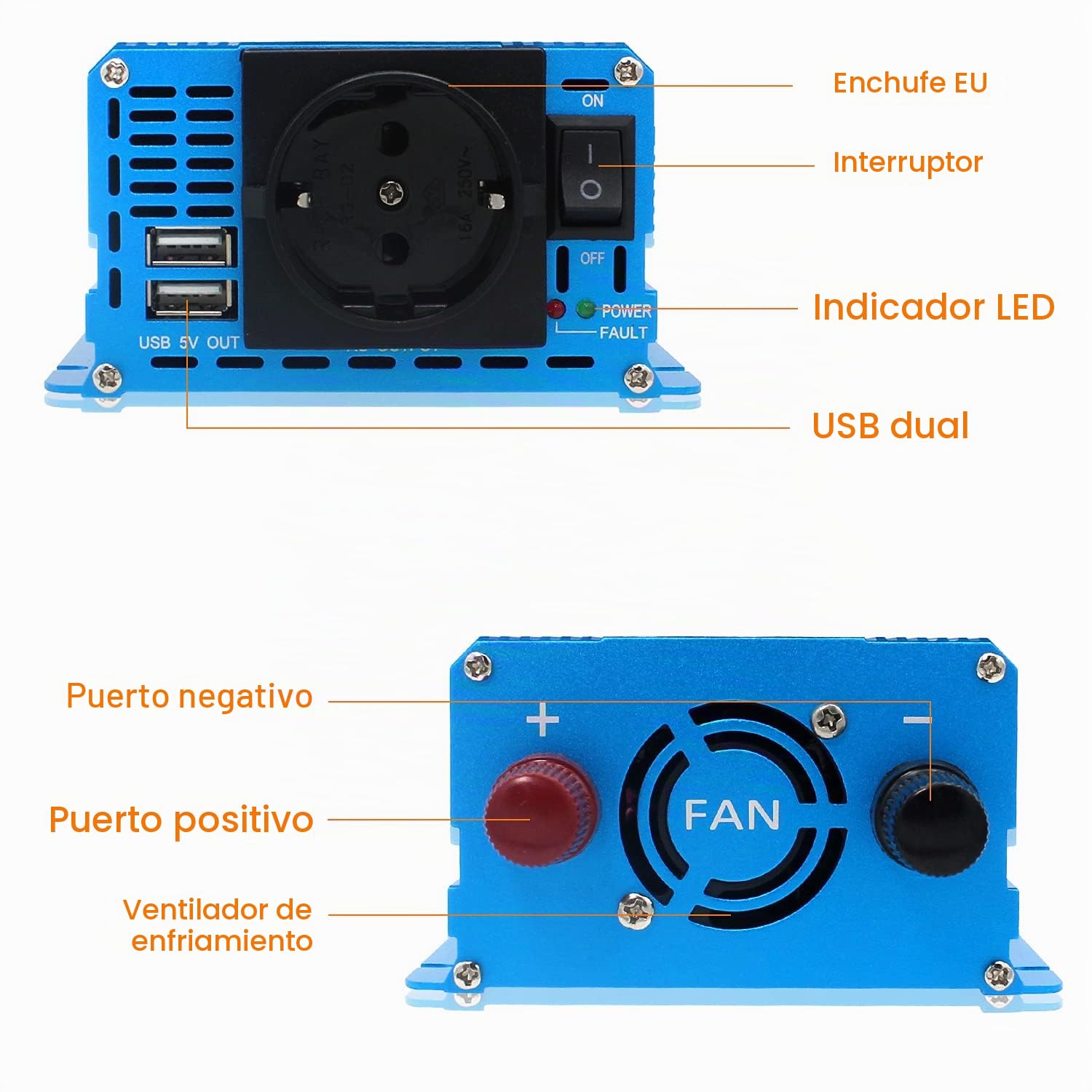 Cantonape 1000W Convertidor de Voltaje de Onda sinusoidal Pura para Coche-Inversor de 24v a 230v-Convertidor con 1 Toma EU y 2 Puertos USB