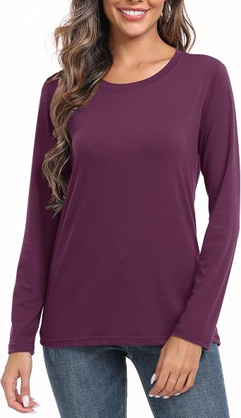 PRIMODA Womens Crew Neck Long Sleeve Shirts Basic Loose Fit Layering Tops