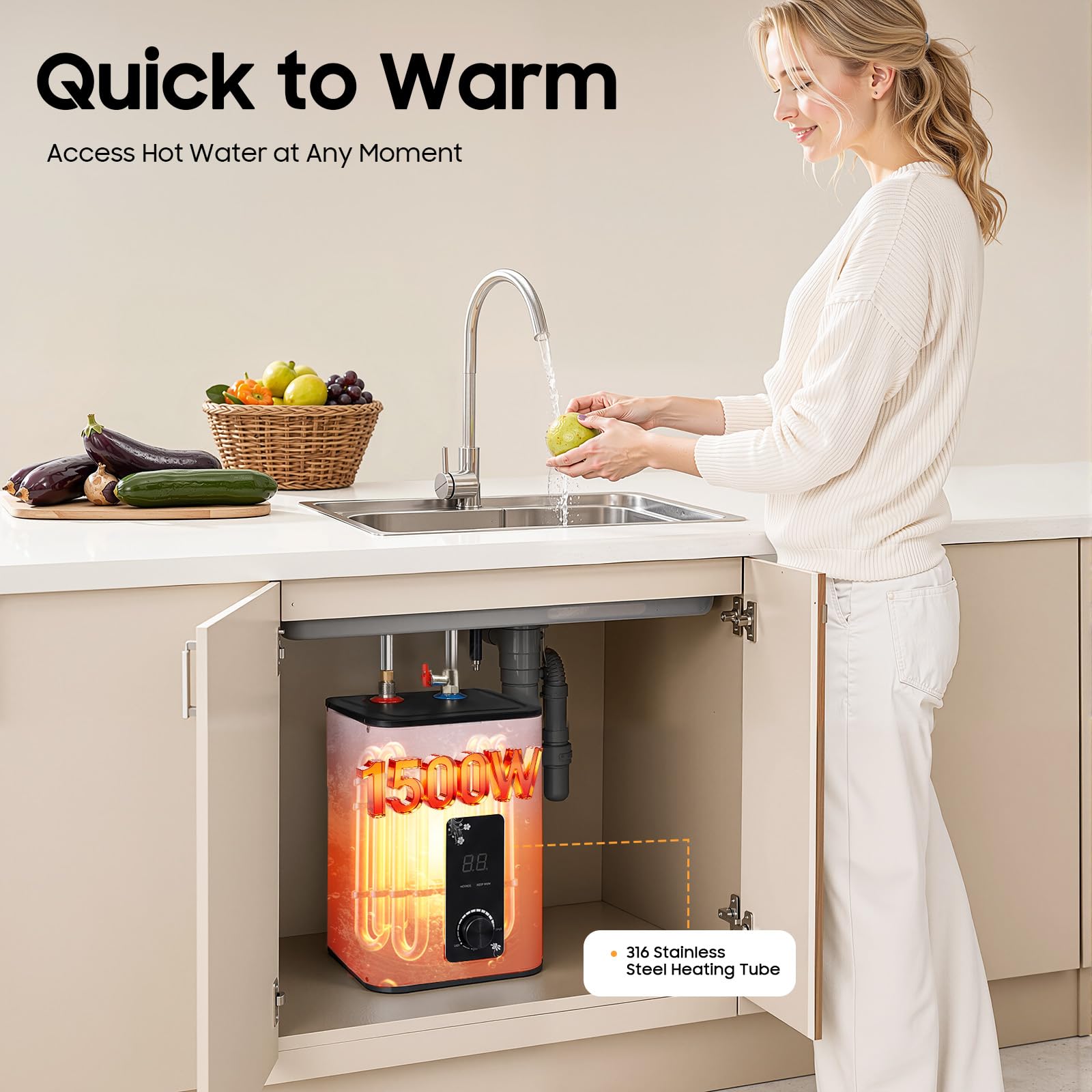 Caldaia sottolavello Scaldabagno elettrico mini serbatoio da 8 litri 1500W Bassa pressione con spina 0-65℃ per lavello, cucina, lavello