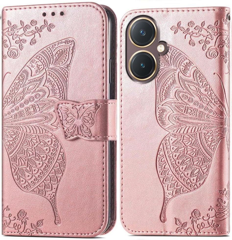 Image of ClickCase Butterfly Series for vivo Y27 Leather Embossing Wallet Flip Case Kick Stand Magnetic Closure Flip Cover for vivo Y27 (Rose Gold)