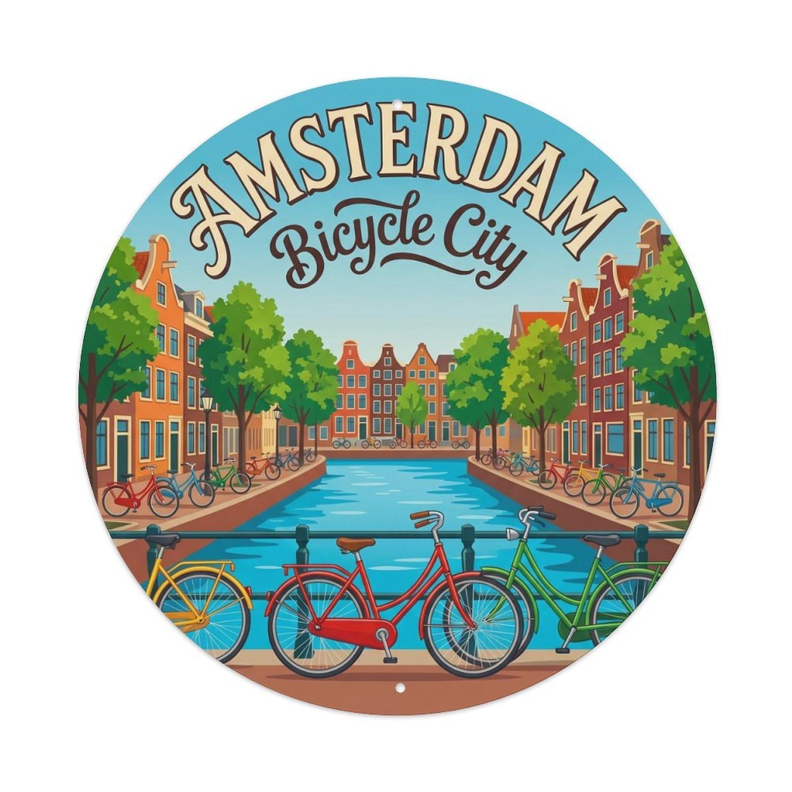 Vintage Travel Amsterdam Bicycle Dutch Metal Tin Sign Plaque Wall Decor for Cafe, Club Bar, Office, Home Garden Round Metal Poster 8x8Inch