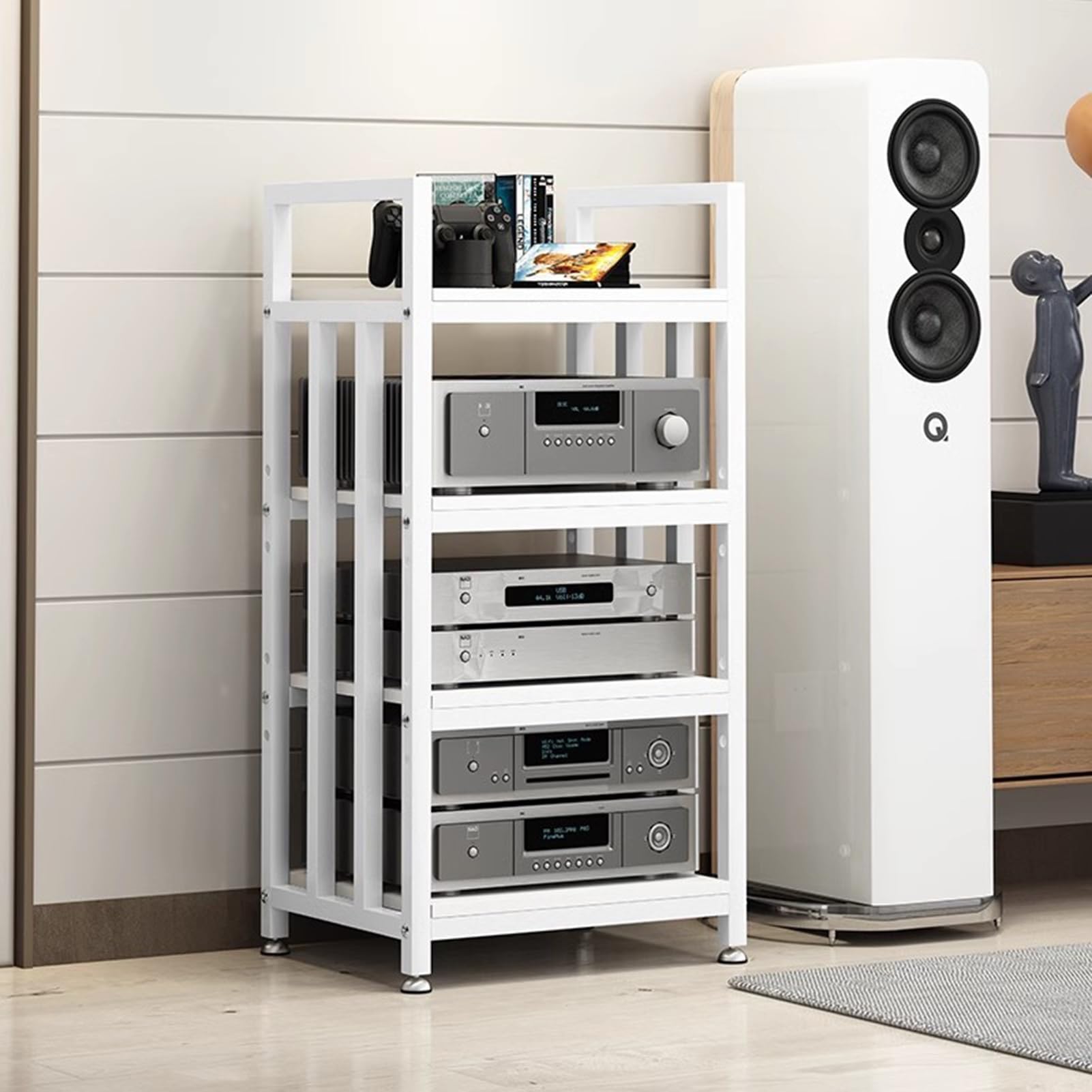 ROHCGHC Audio Rack Tower, HiFi Rack Audio Component Cabinet 4-tier, Video Media Stand Tower for Studio, Electronics Equipment Shelf Storage(White Frame+white Board)