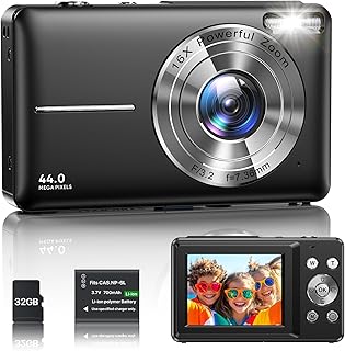Digitalkamera 1080P Fotokamera 44MP Kamera Fotoapparat Tragbare Kompaktkamera mit 2,4" LCD Bildschirm, 16X Digitalzoom, 32G Micro Speicherkarte, 1 Akku für Kinder Teenager Student Anfänger-Schwarz