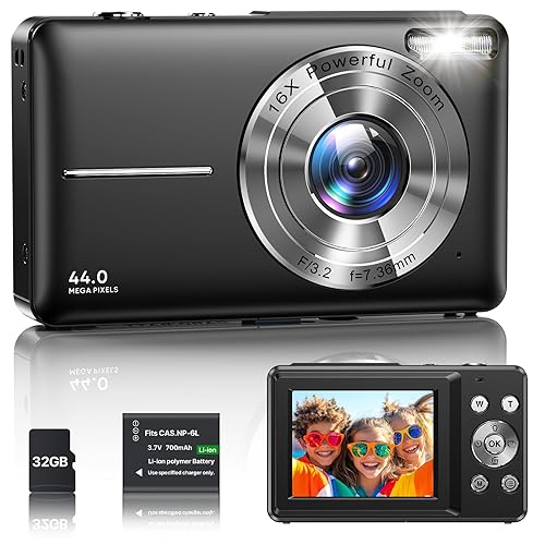 Digitalkamera 1080P Fotokamera 44MP Kamera Fotoapparat Tragbare Kompaktkamera mit 2,4" LCD Bildschirm, 16X Digitalzoom, 32G Micro Speicherkarte, 1 Akku für Kinder Teenager Student Anfänger-Schwarz - Schwarz + 1 Batterie + 1 Speicherkarte
