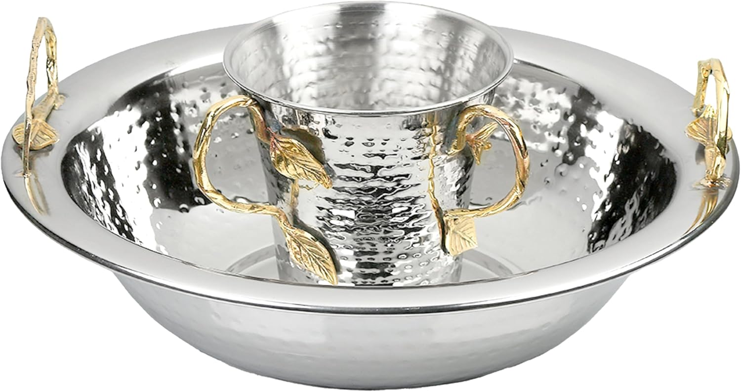The Kosher Cook Stainless Steel Netilat Yadayim Set Large 14” Gold Leaf Modern Design - Dual Handle Cup with Matching Bowl - Rust, Break and Crack Proof Negel Vasser Set