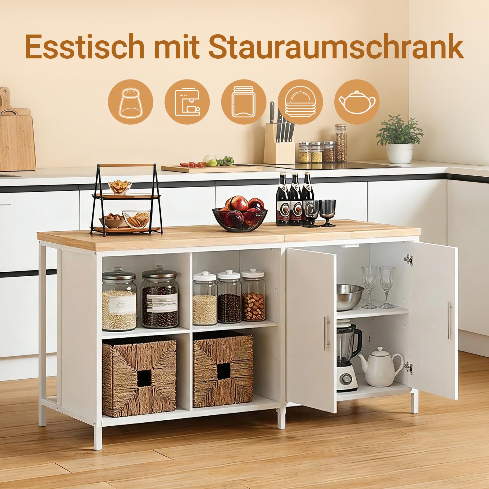 SoBuy Îlot Central Cuisine avec 4 niches et Tablette réglable, 170x89x60cm | Îlot de Cuisine 3-en-1 avec grand plan, charge 145 kg, robuste et facile à nettoyer, MDF, cuisine/repas/salon, KNL09-WN