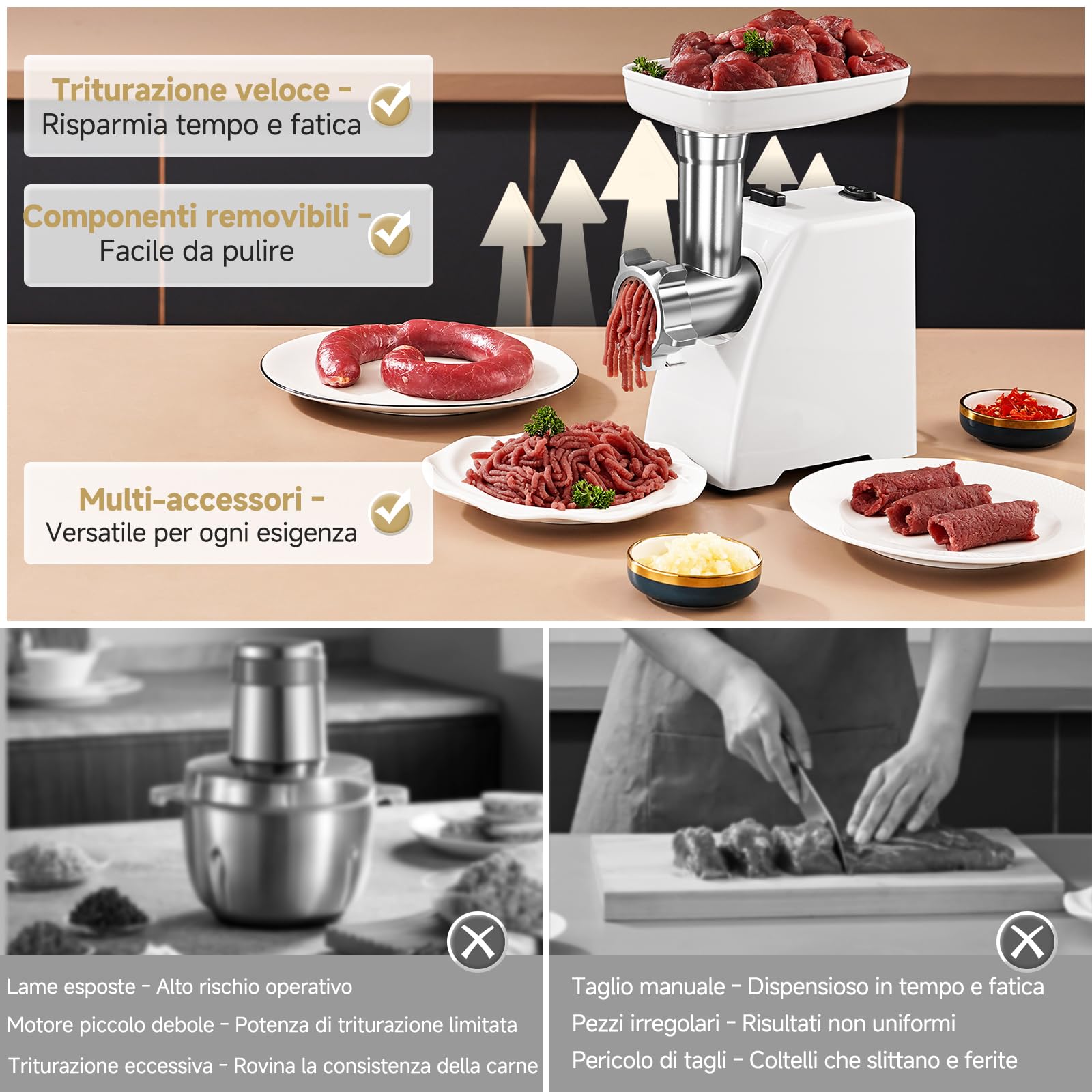AMZCHEF Tritacarne Elettrico per Casa - con 3 Dischi, Riempisalsicce & Kit Kubbe | Ideale per Carne Macinata, Salsicce & Cucina Domestica