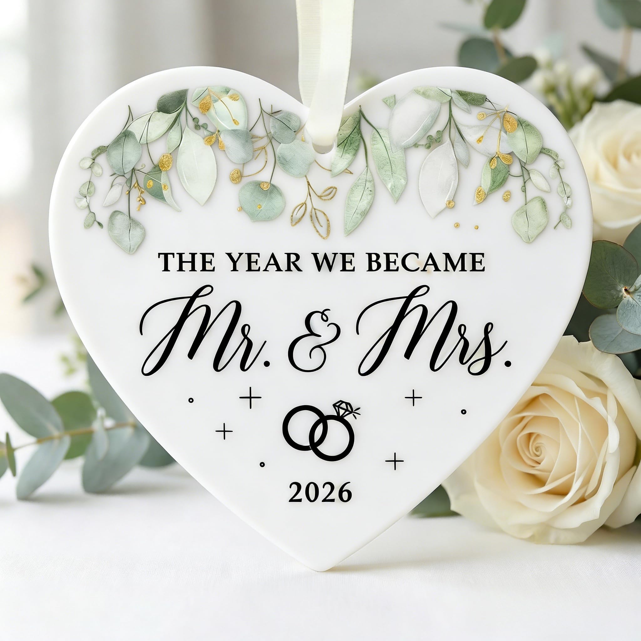 Wedding Gifts Heart Shaped Ornament - Double Sided Acrylic Hanging Decor for Couples - Mr & Mrs Elegant White Home Decoration (8x8cm with Gift Box)