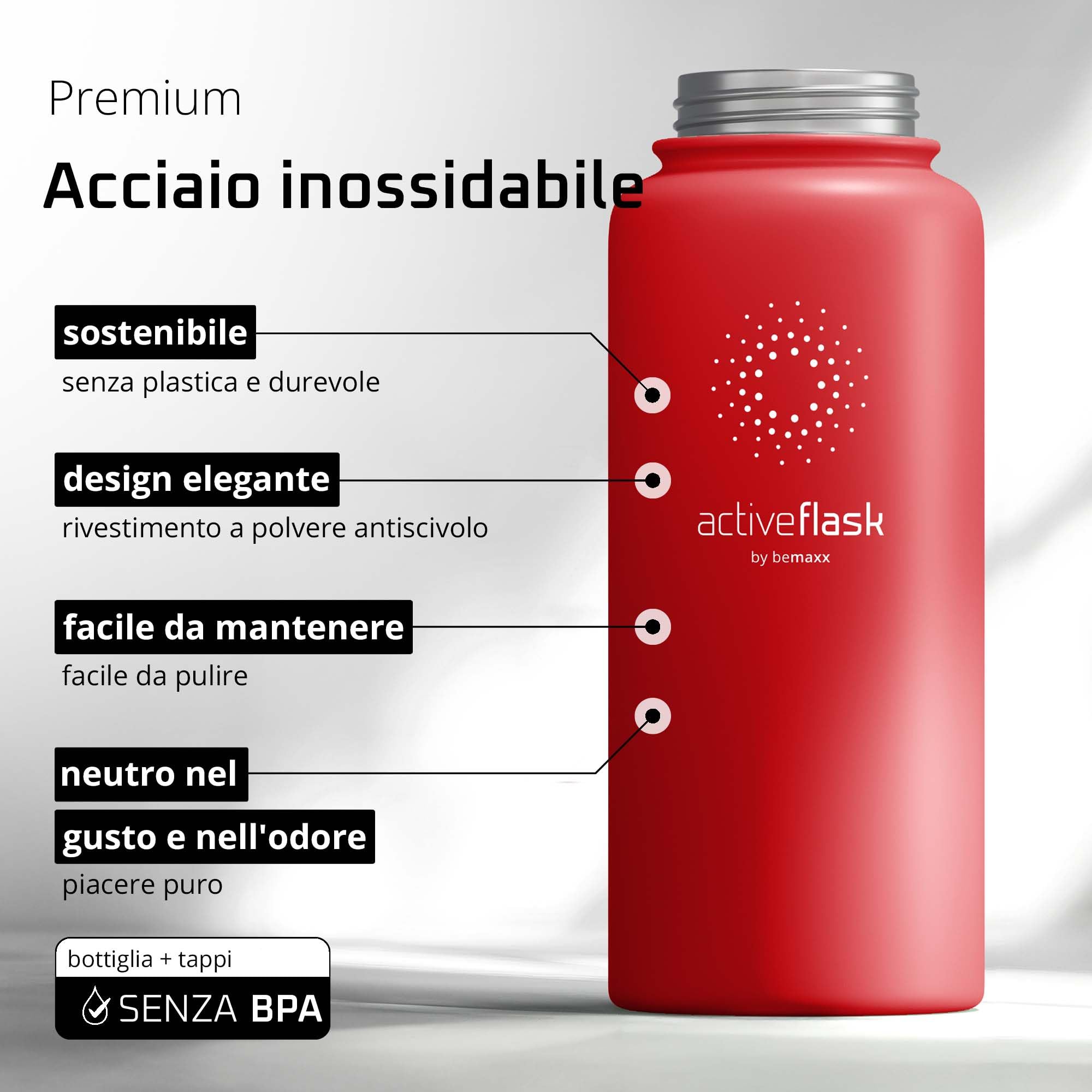 Bottiglia Acqua Termica INOX ACTIVE FLASK + Cannuccia (3 Tappi), Senza BPA, 1l/500ml | Borraccia Isotermica Acciaio - Caldo/Freddo, Ufficio Outdoor Sport Bicicletta viaggio fitness, Caffe Te