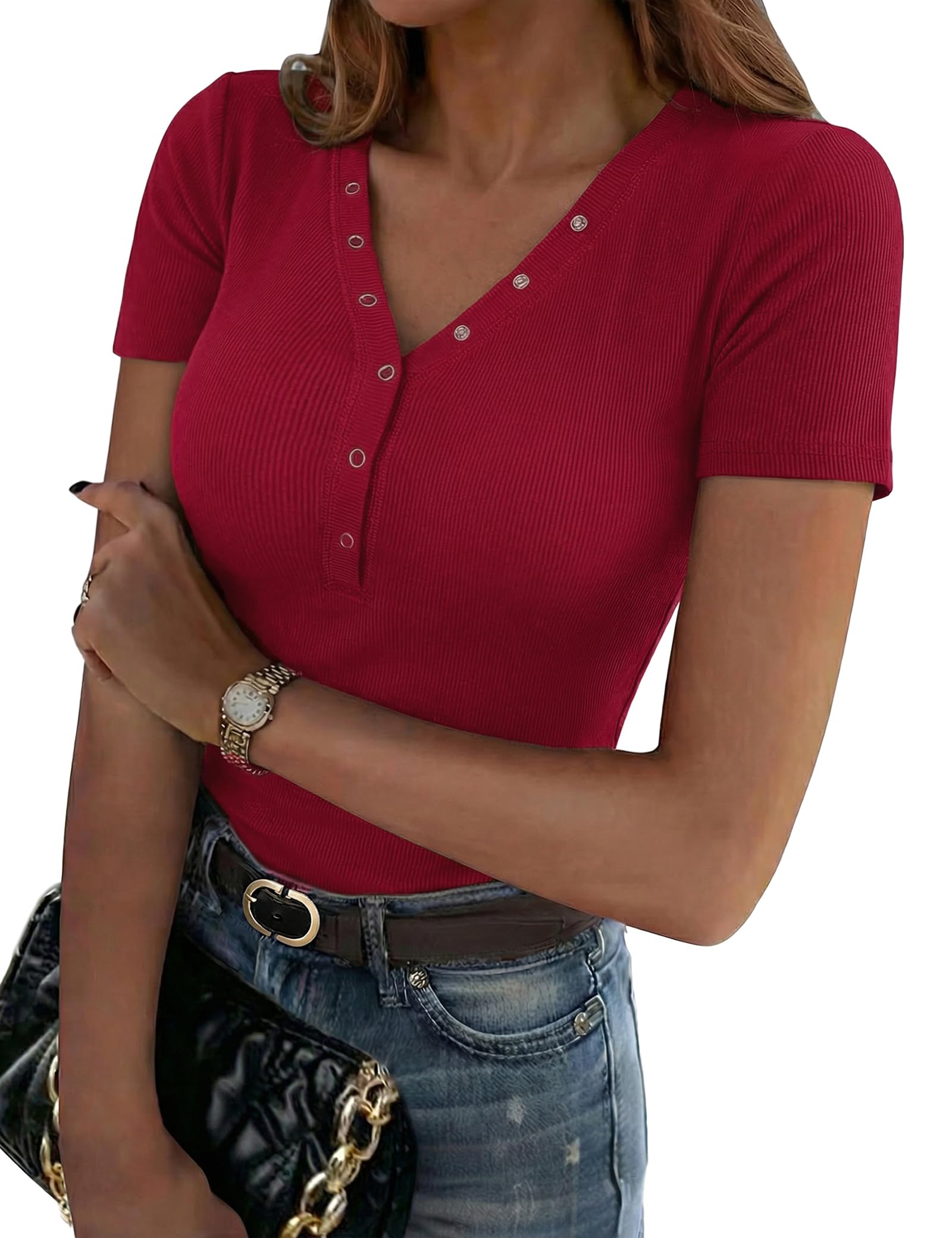 Aottori T-Shirt Damen V-Ausschnitt mit Knöpfen Oberteile Kurzarm Sommer Gerippt Tee Shirts Elegant Slim Fit Tshirt Stretch Casual Basic Tops Einfarbig