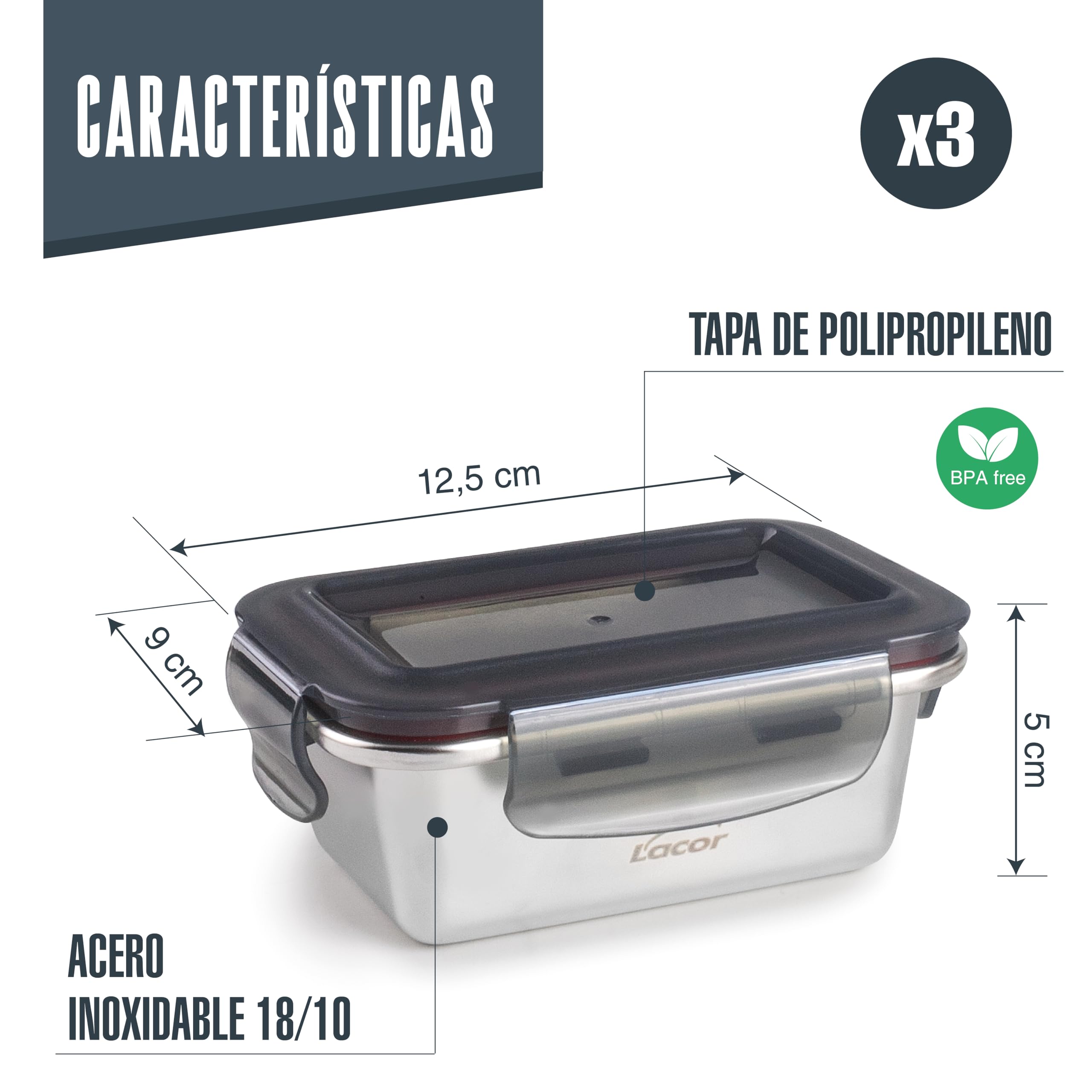 LACOR 64623 - Set 3 Recipientes Ecoinox - Acero Inox 18/10, 260 ml | Capacidades 3 x 260ml, rectangular, apto para horno, apto para lavavajillas, cierre hermético