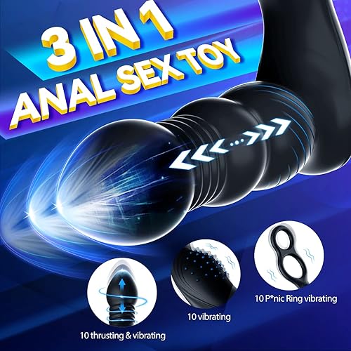 Miniatura 2 de Vibrador anal de empuje masajeador de próstata con 2 anillos vibratorios para el pollo, enchufe anal con 10 modos de empuje y vibración, consolador