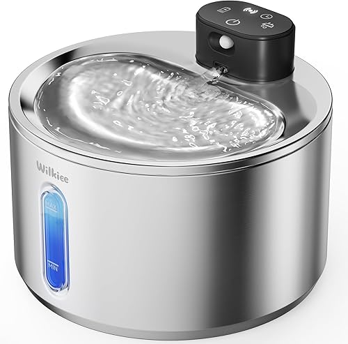 Fuente de agua inalámbrica para gatos WILKIEE, 135 fl.oz/4L, fuente de agua de acero inoxidable para gatos, dispensador de agua para mascotas