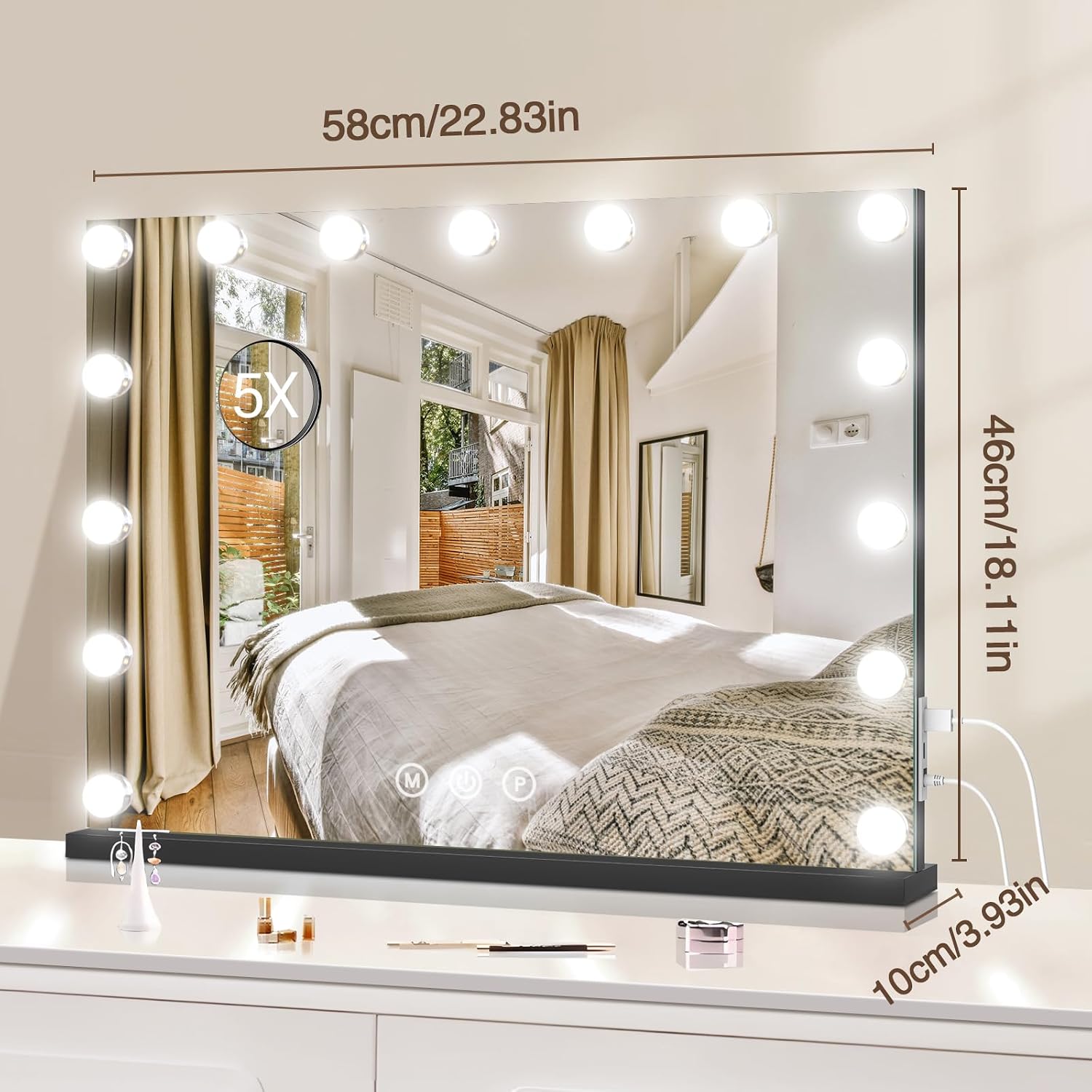 halumao Vanity Makeup Mirror with Lights, 22.8" x 19" Large Light Up Mirror with Smart Touch 3 Colors Dimmable Black