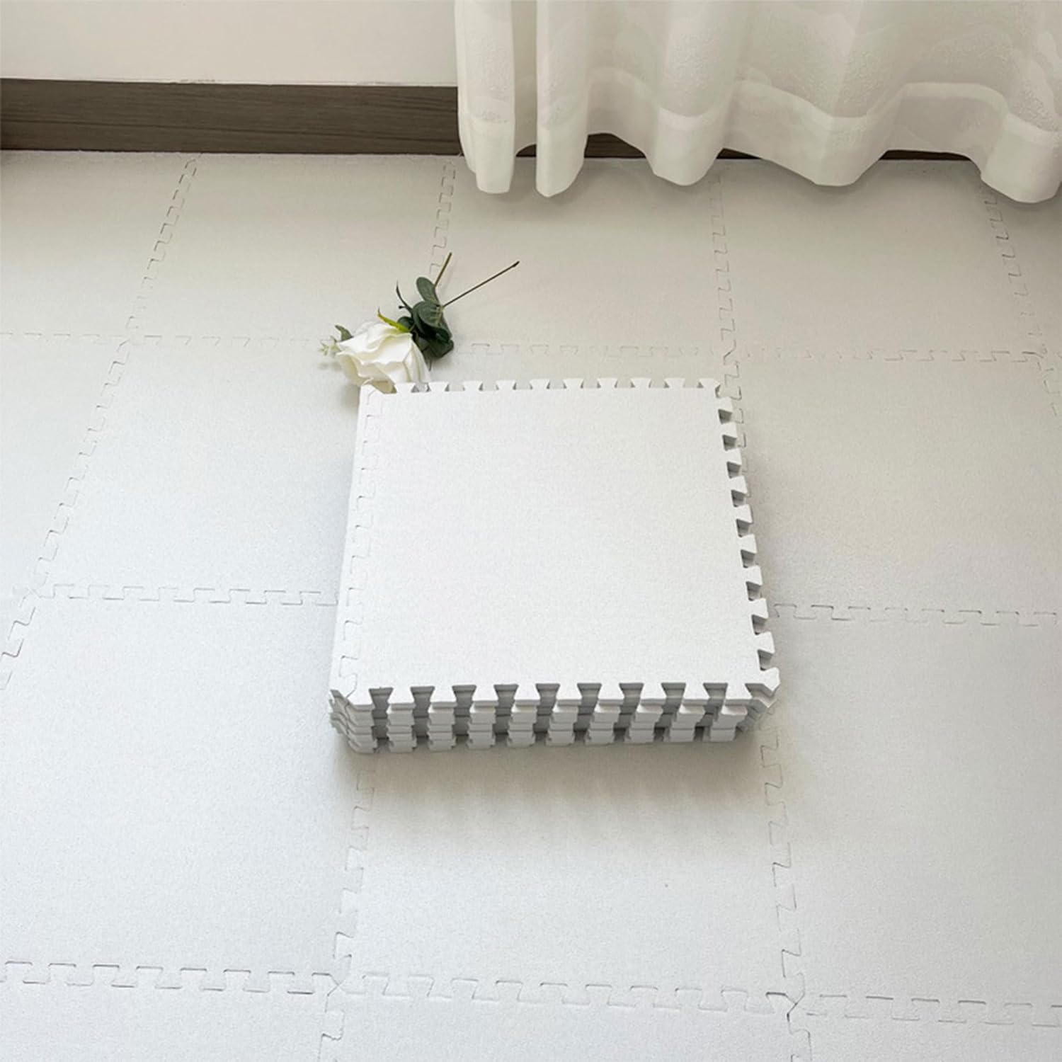 Foam Floor Mat Interlocking Puzzle Mat, Home Carpet, Washable Linen Rug for Bedroom (White, 12 Pcs)