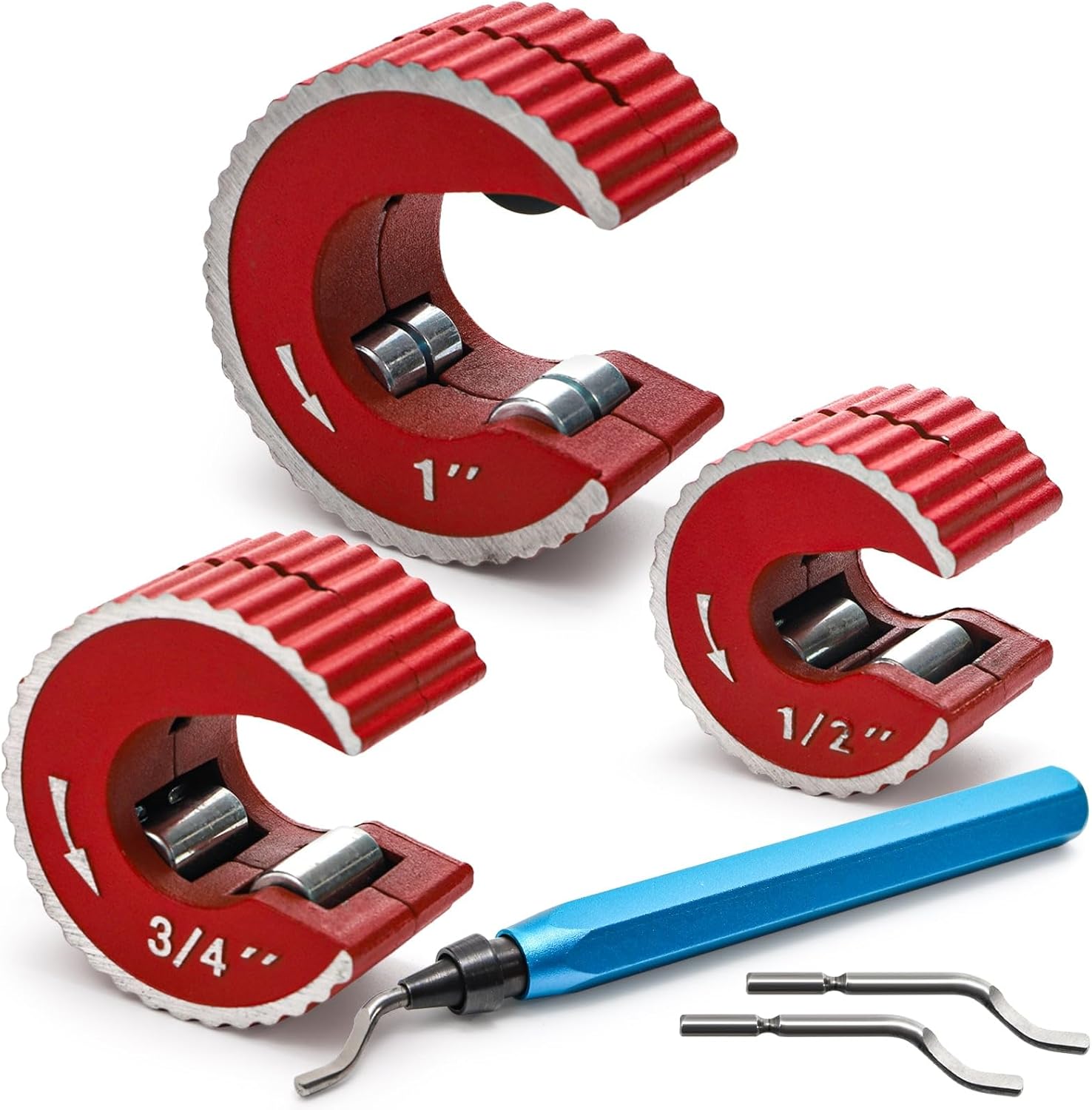 YOUEON Tubing Cutter Set, 6-Piece Copper Pipe Cutter Kit with Self-Tightening C-Shape Cutters (1/2", 3/4", 1"), Deburring Tool with 2 Extra Blades for PVC, Copper, and Aluminum Pipes