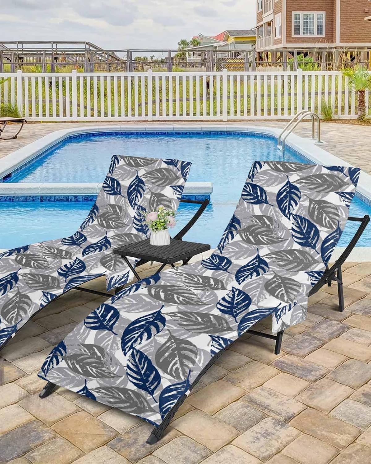 Navy Blue Grey Beach Pool Patio Lounge Chaise Chair Cover Towel With Pockets,Absorbent & Quick Dry Microfiber Towel Cover Bag Summer Accessories for Sunbathing Leaves Abstract Minimalist Leaf