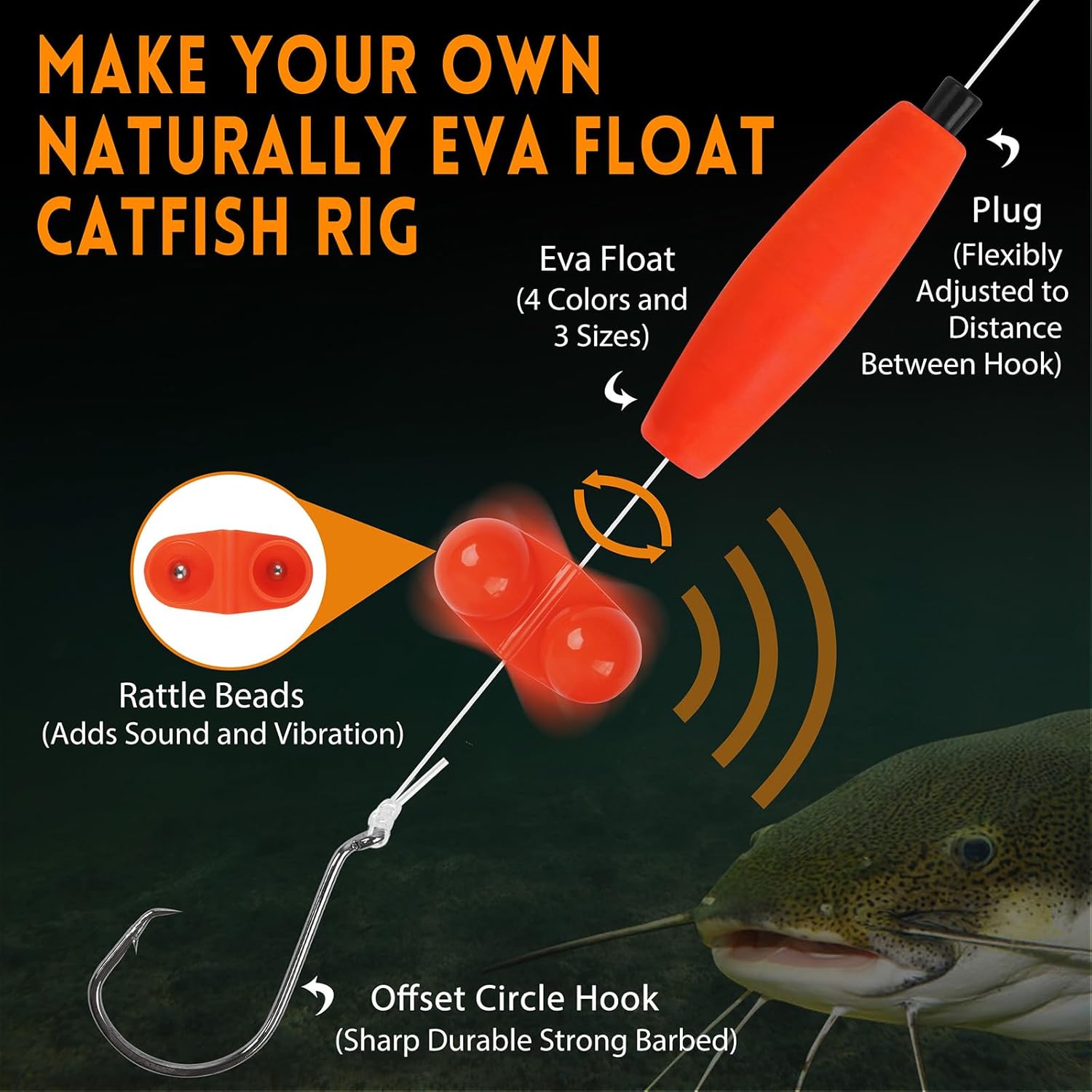 Catfish Rig Catfishing Tackle Making Kit Santee Cooper Rig with Catfish Floats Rattling Line Float Lures Peg Float Bobbers Catfish Hooks Swivels Catfish Sinker Weights Fishing Rattle Bells