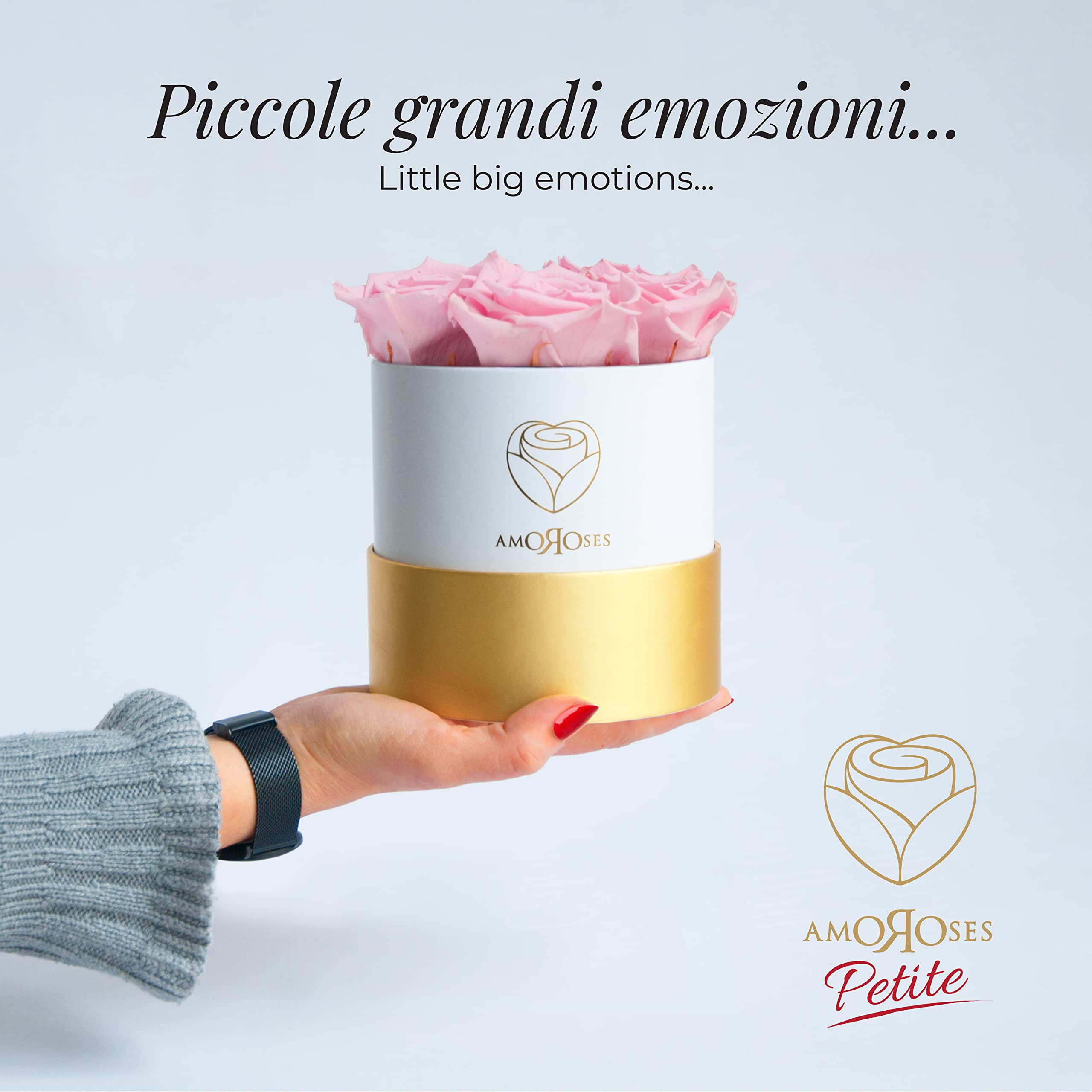 Amoroses Petite - Confezione Regalo 5 Rose Stabilizzate Eterne - Elegante Bouquet di Fiori Veri | Festa della mamma (Petite Scatola Bianca con Rose Rosa)